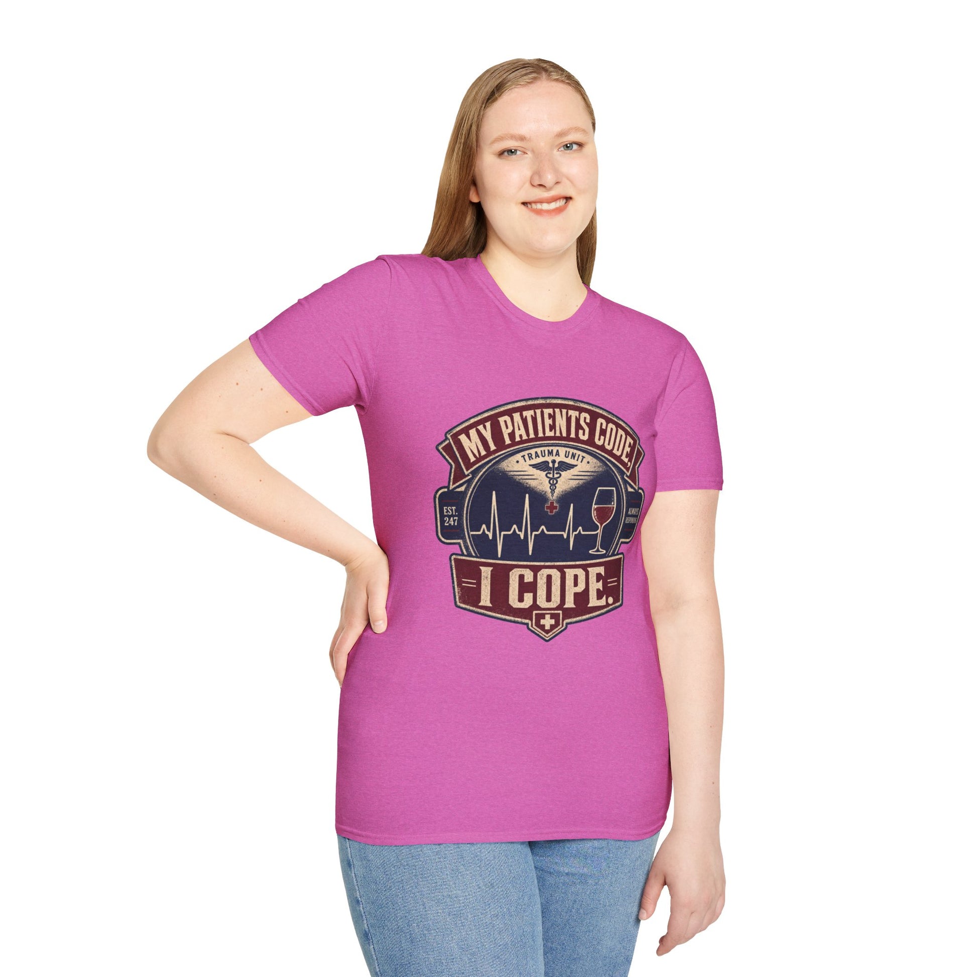Vintage badge t-shirt graphic of an EKG heartbeat line transitioning into a wine glass shape with a small caduceus icon, text reading My Patients Code, I Cope