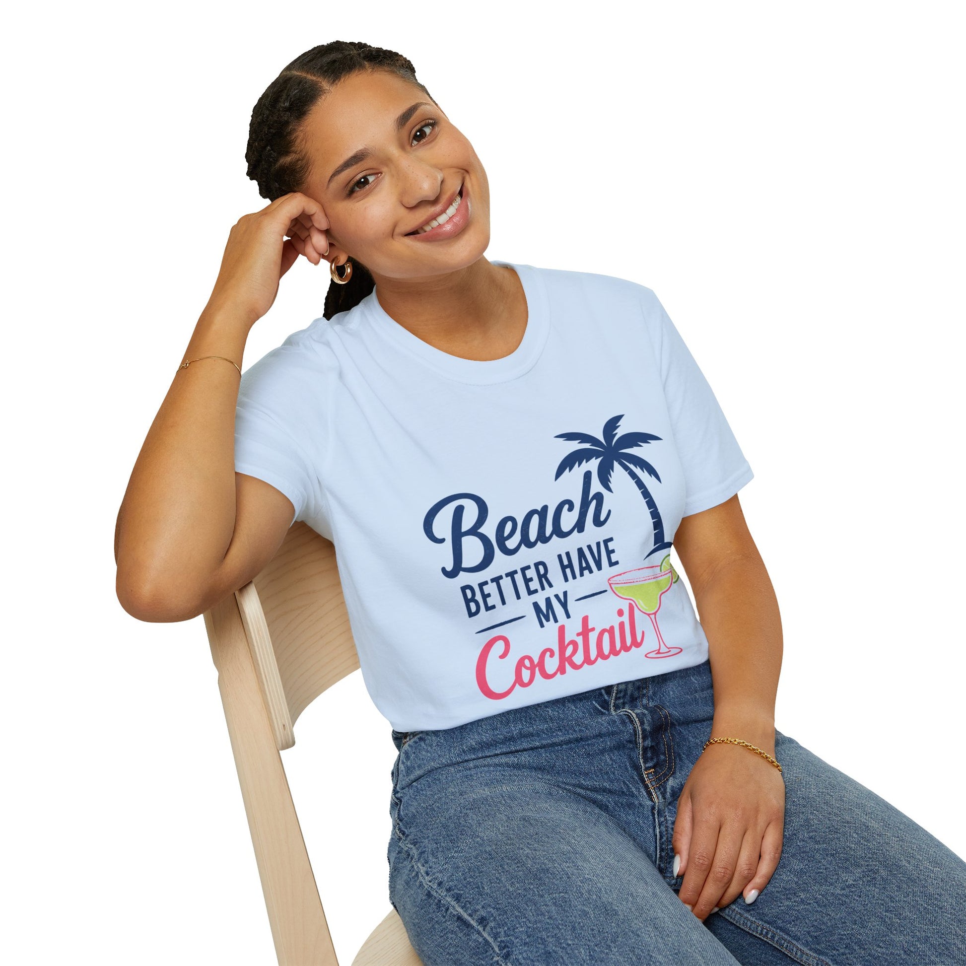 Beach Better Have My Cocktail Shirt, Light Blue, worn by a model seated on a wooden chair
