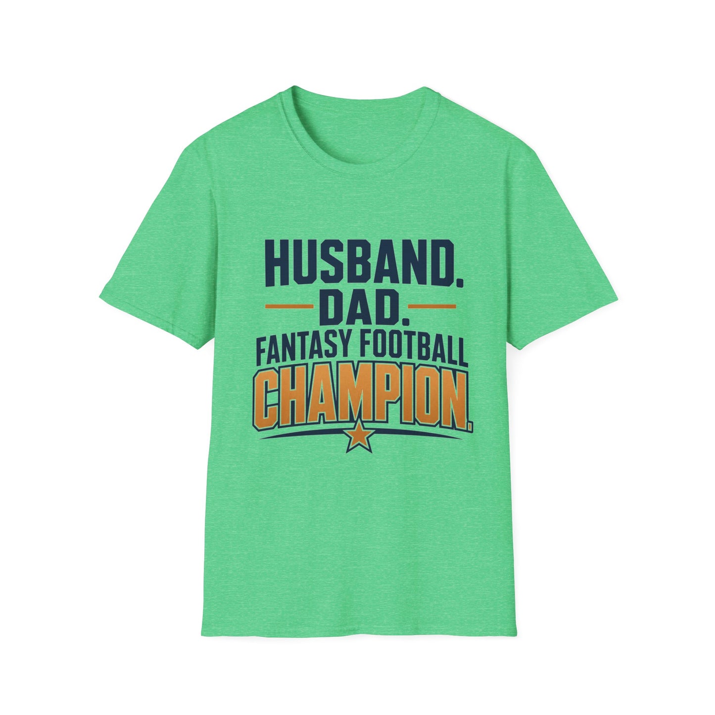 T-shirt design with navy and amber text reading Husband Dad Fantasy Football Champion, gold star accent