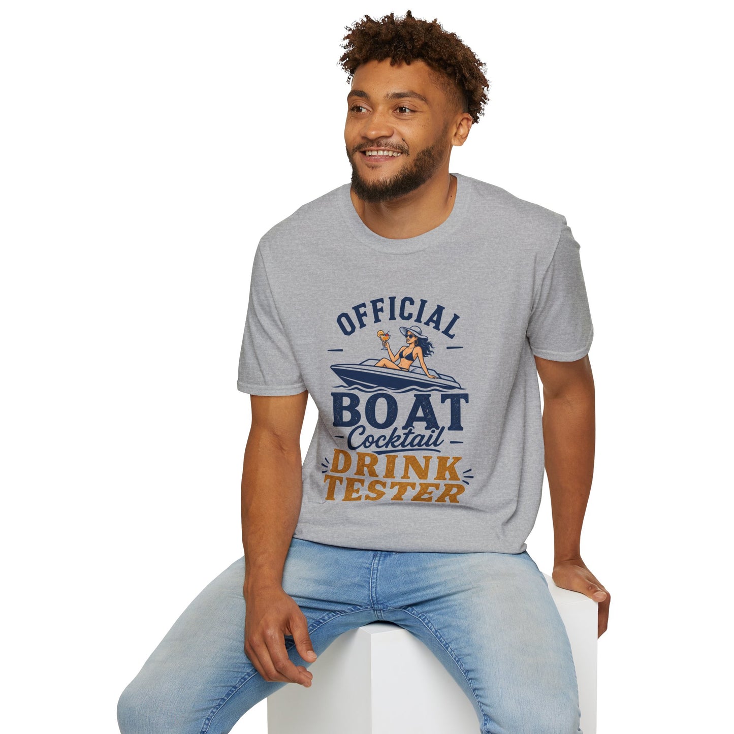Official Boat Cocktail Drink Tester Shirt, Sport Grey, worn by a model seated on a white block
