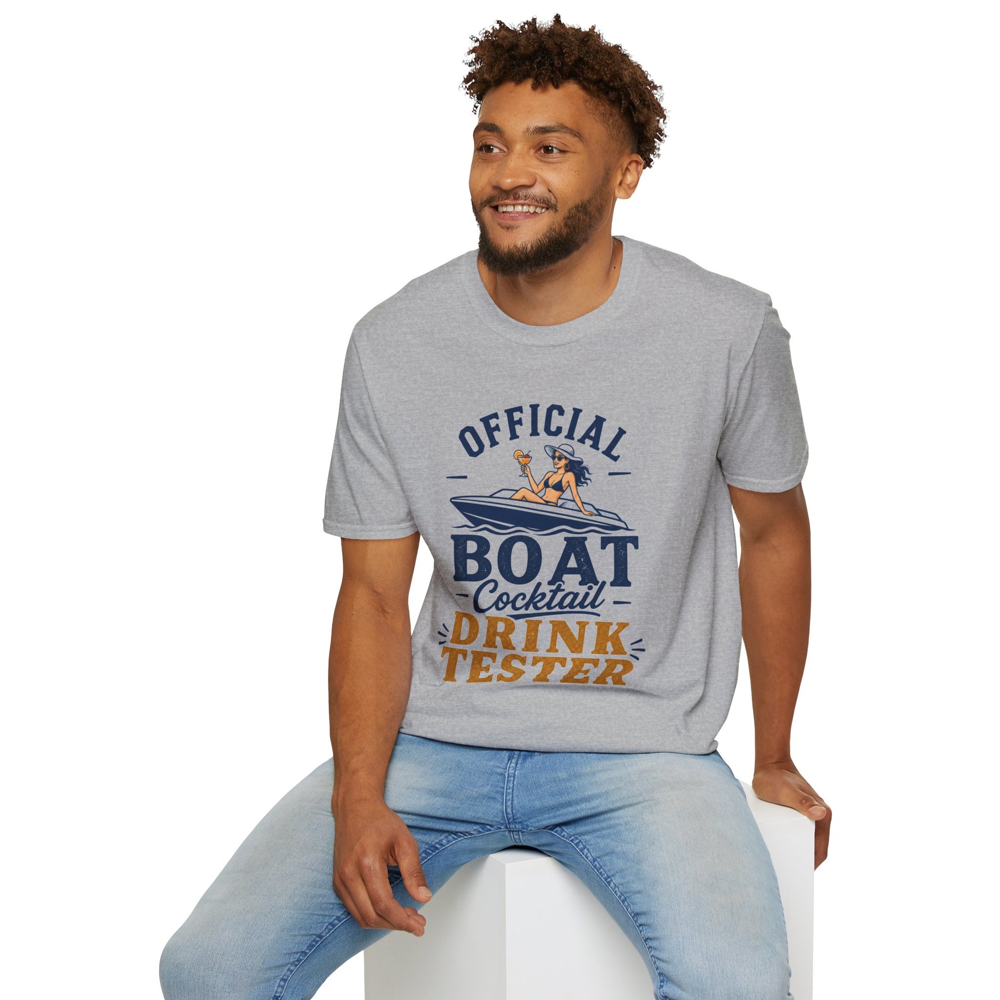 Official Boat Cocktail Drink Tester Shirt, Sport Grey, worn by a model seated on a white block