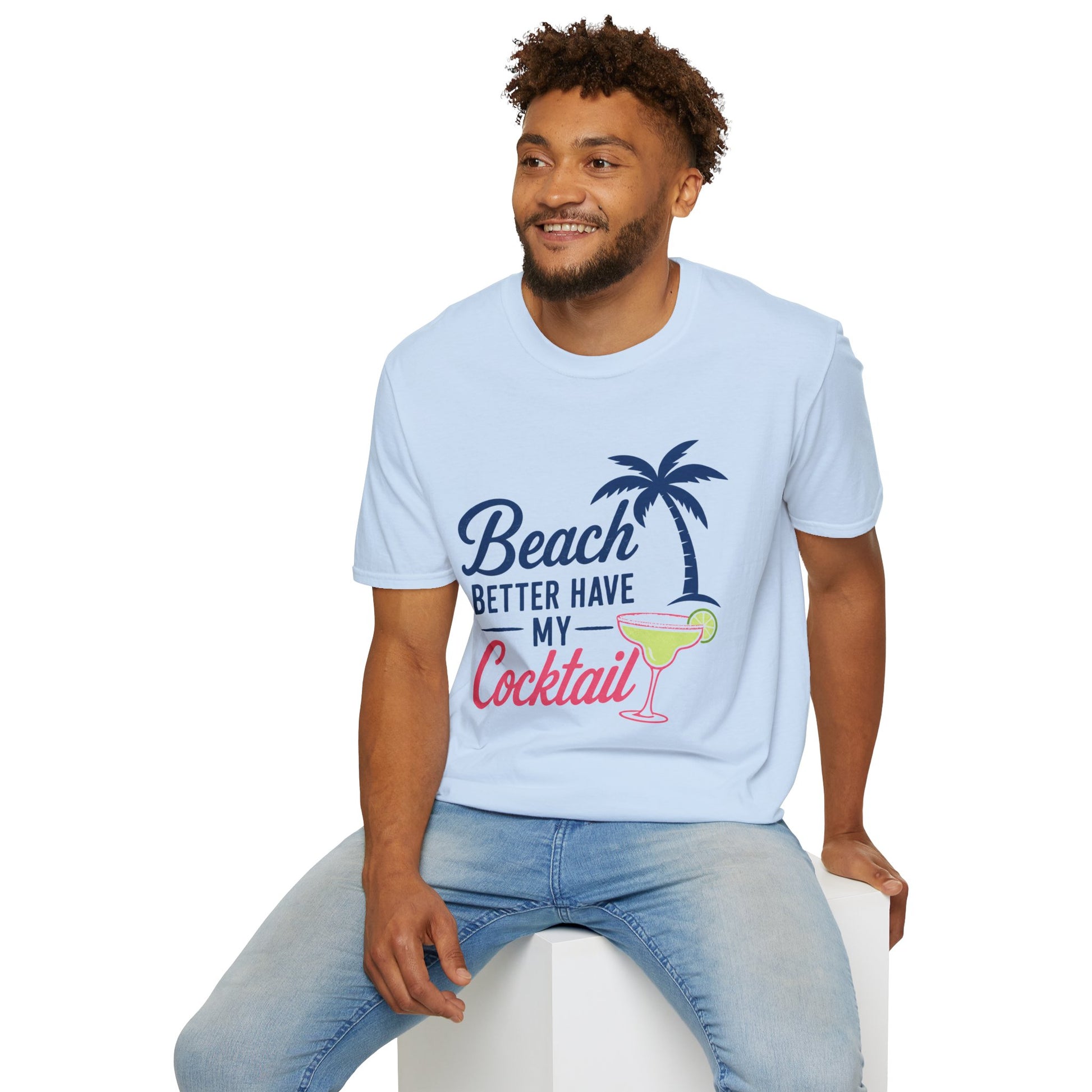 Beach Better Have My Cocktail Shirt, Light Blue, worn by a model seated on a white block