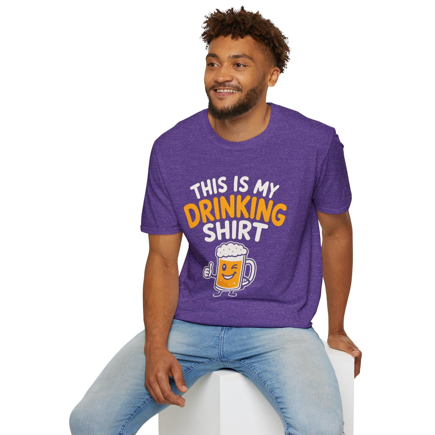 This Is My Drinking Shirt, Heather Purple, worn by a model seated on a white block