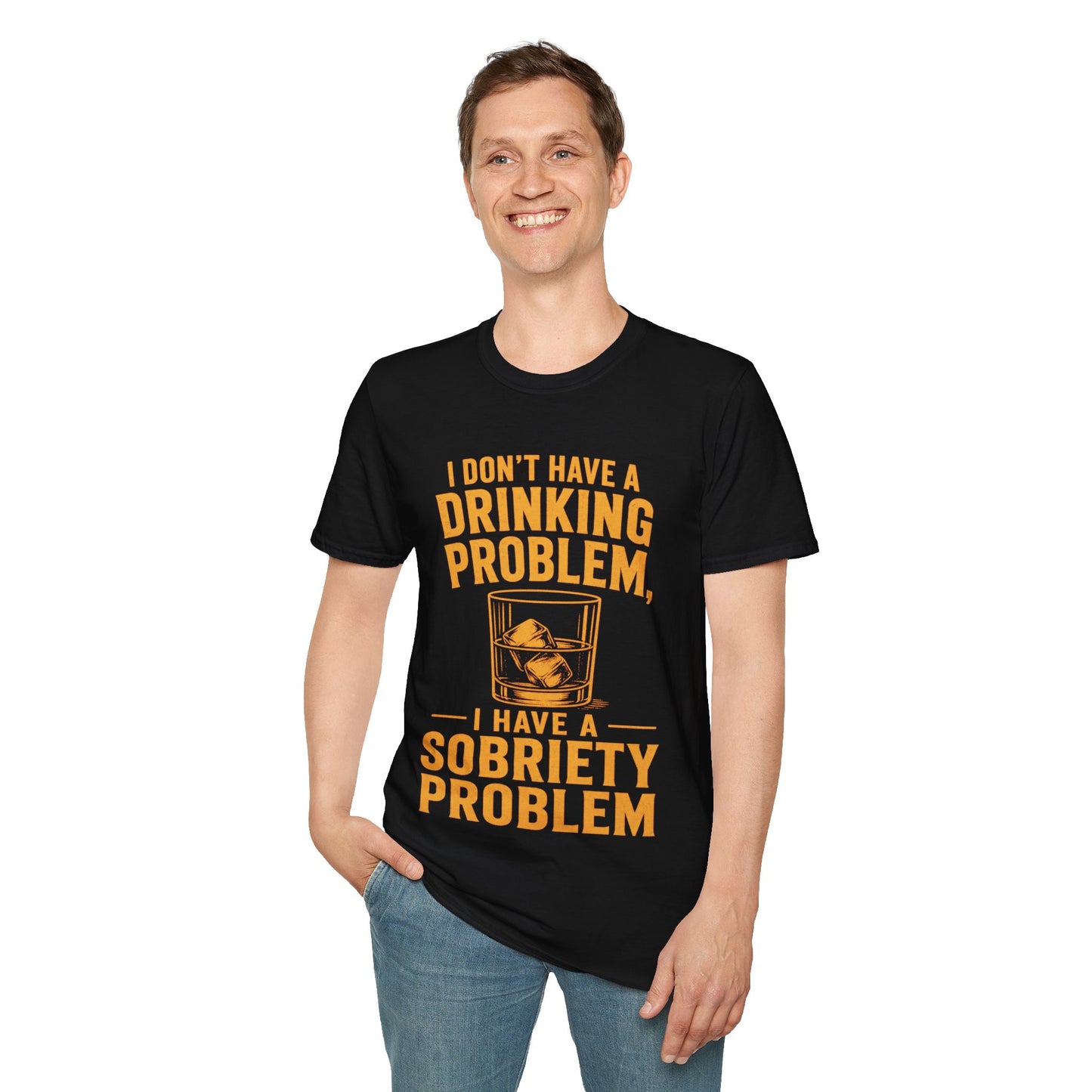 I Don't Have a Drinking Problem Shirt, Black, worn by a standing model with one hand in their pocket