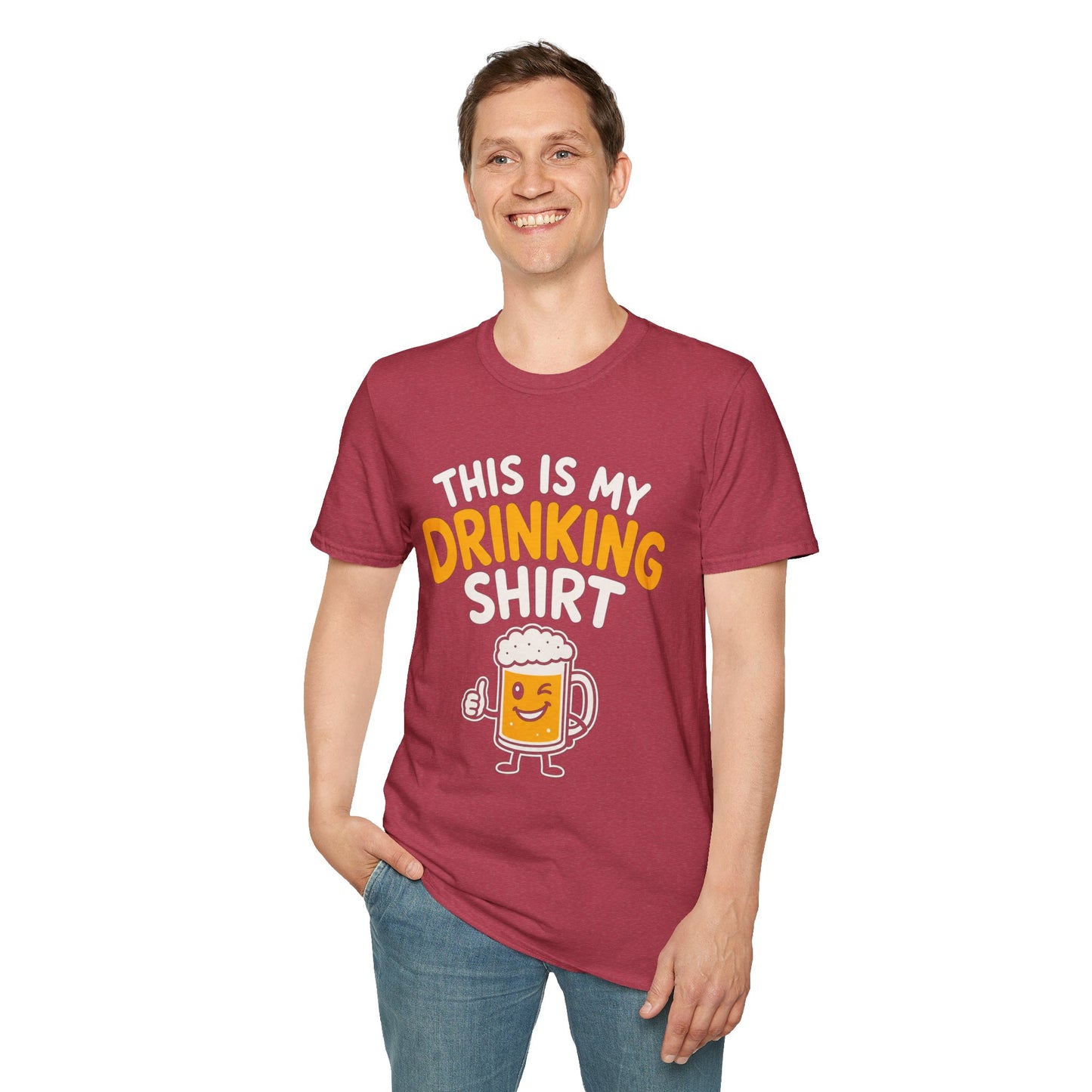 This Is My Drinking Shirt, Heather Cardinal red, worn by a standing model with one hand in their pocket