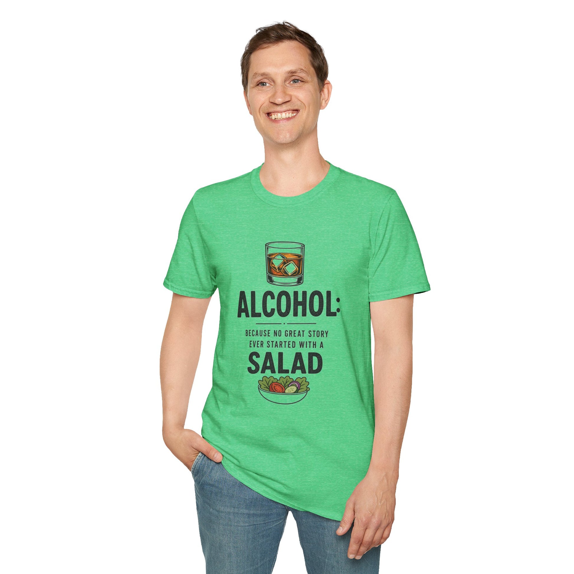 No Great Story Started With a Salad Shirt, Heather Irish Green mint, worn by a standing model with one hand in their pocket