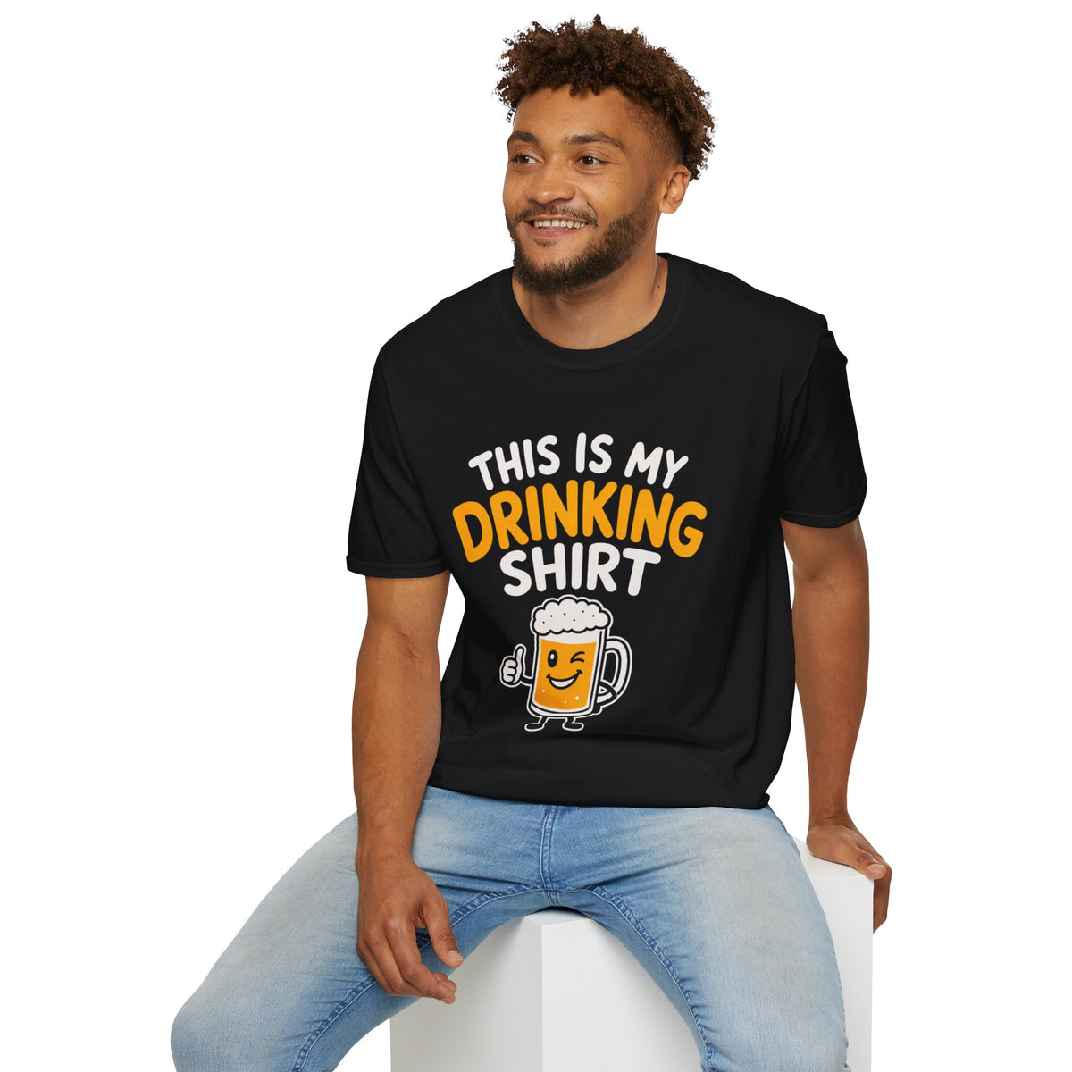 This Is My Drinking Shirt, Black, worn by a model seated on a white block