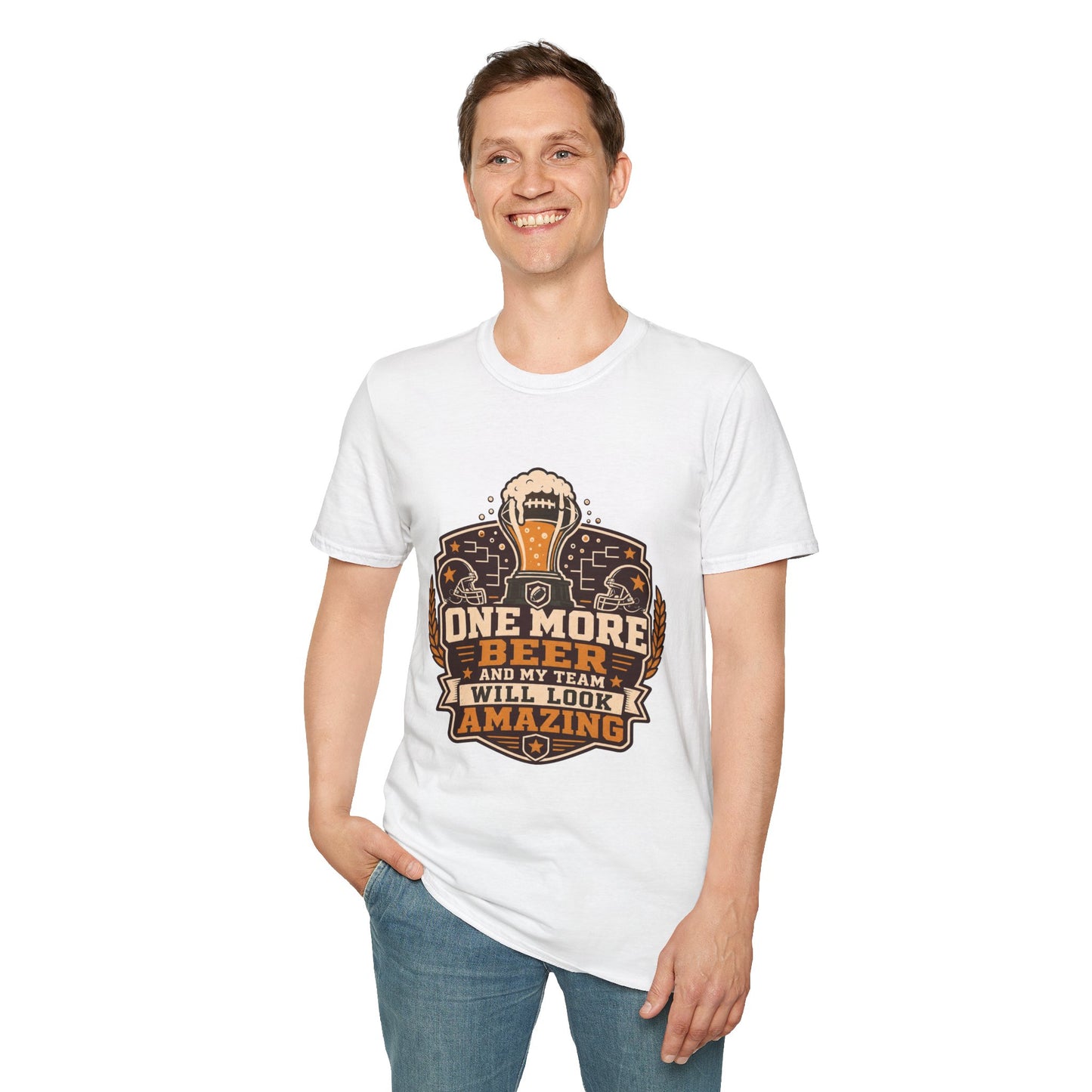T-shirt design with maroon and amber badge, football-topped beer trophy, football helmets, and bracket graphics, text reading One More Beer And My Team Will Look Amazing