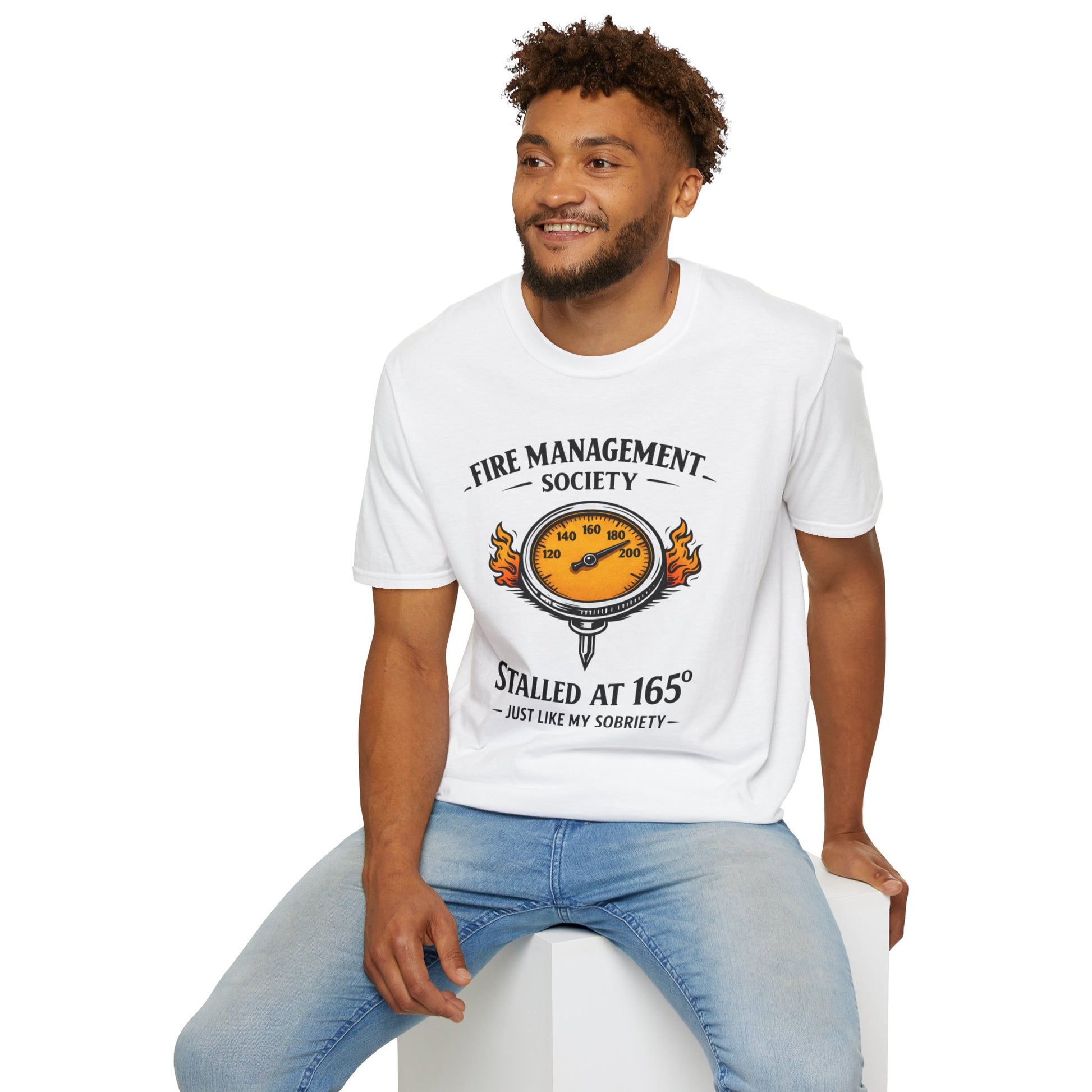 Fire Management Society Shirt, White, worn by a model seated on a white block