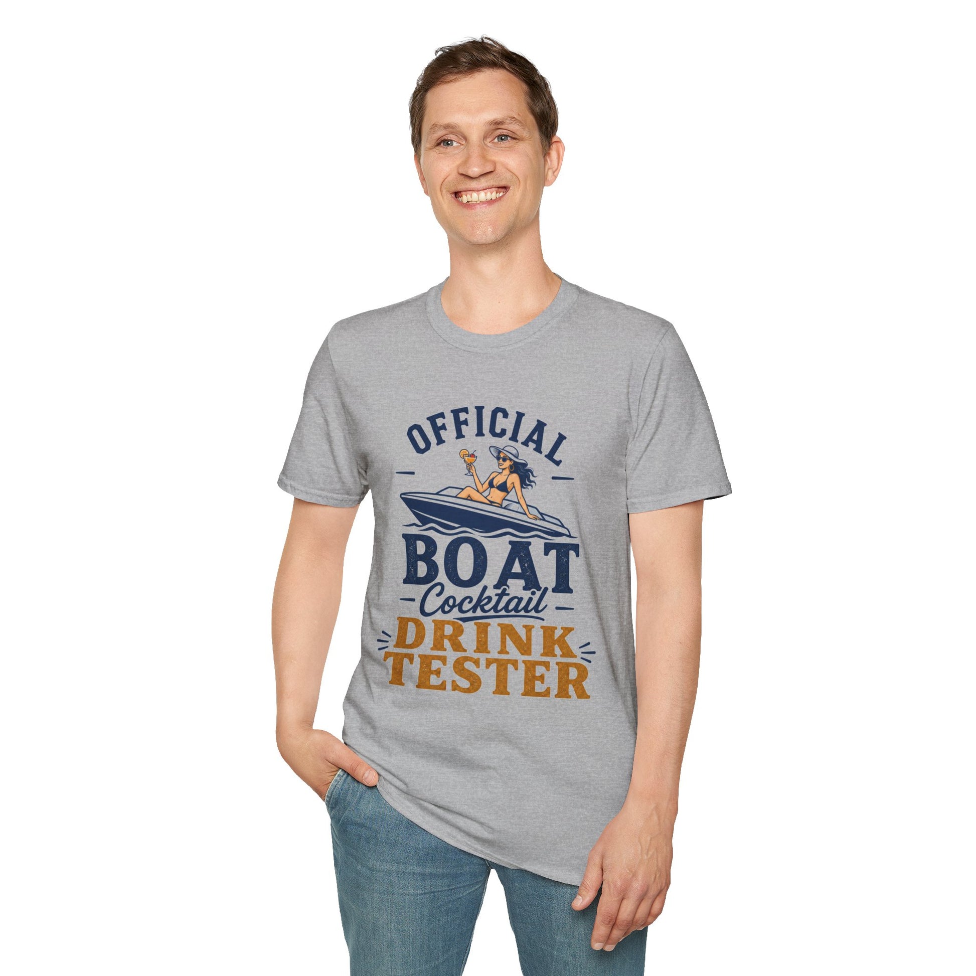 Official Boat Cocktail Drink Tester Shirt, Sport Grey, worn by a standing model with one hand in their pocket