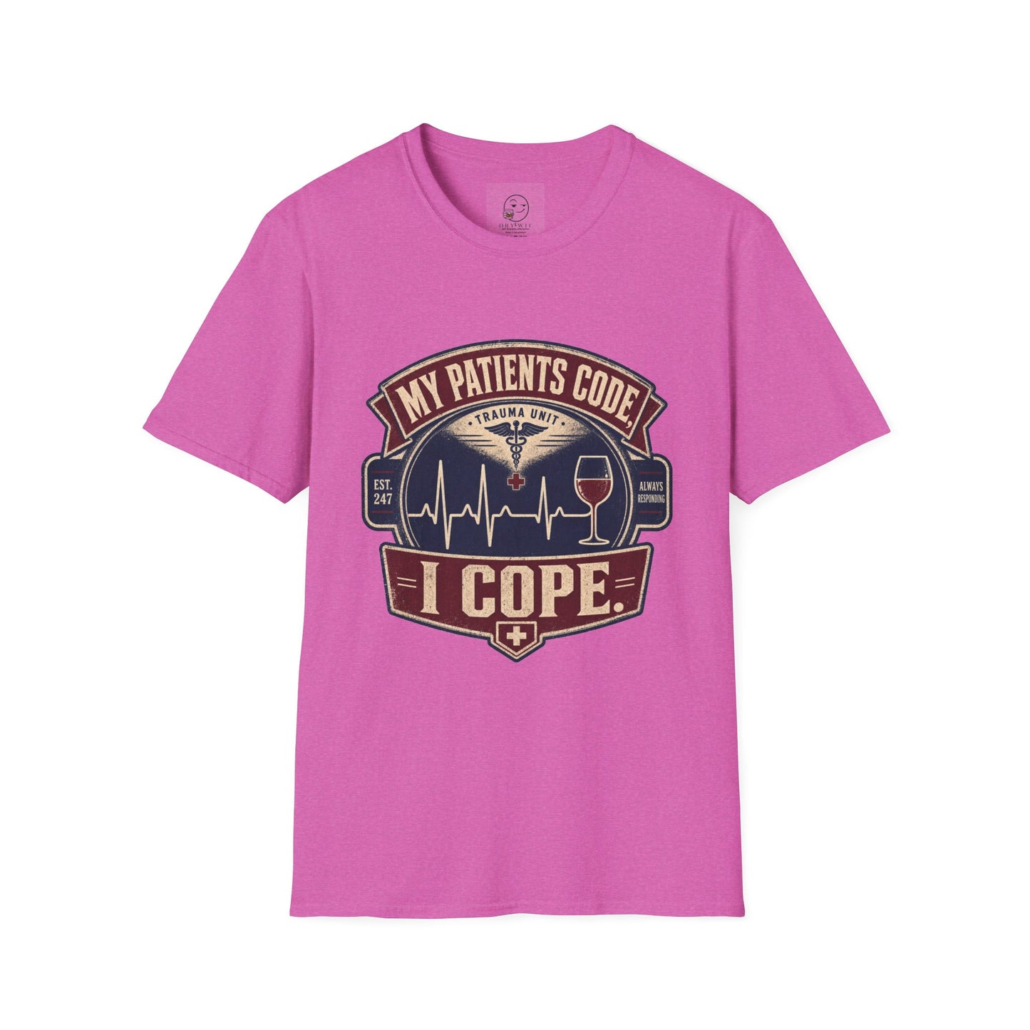 Vintage badge t-shirt graphic of an EKG heartbeat line transitioning into a wine glass shape with a small caduceus icon, text reading My Patients Code, I Cope
