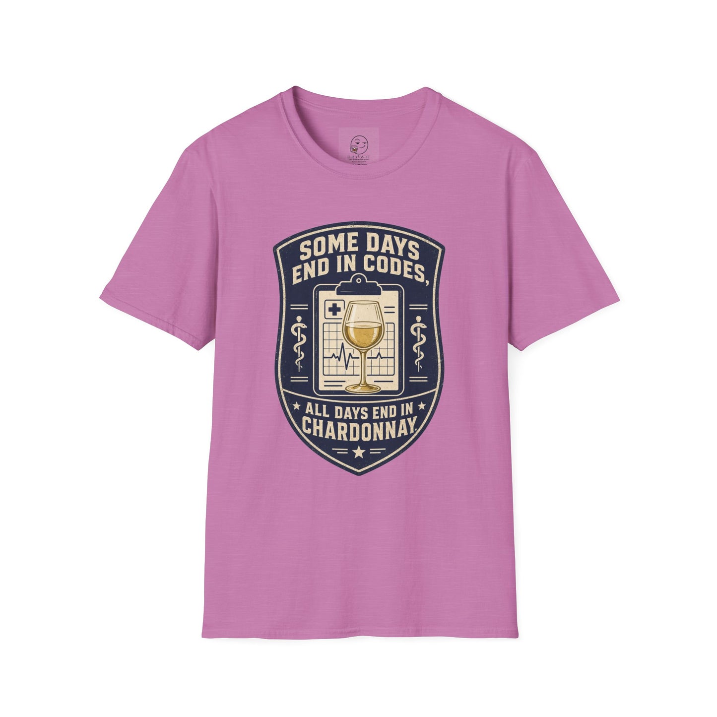 Shield-shaped vintage badge t-shirt graphic of a clipboard with a wine glass resting on top, text reading Some Days End In Codes, All Days End In Chardonnay