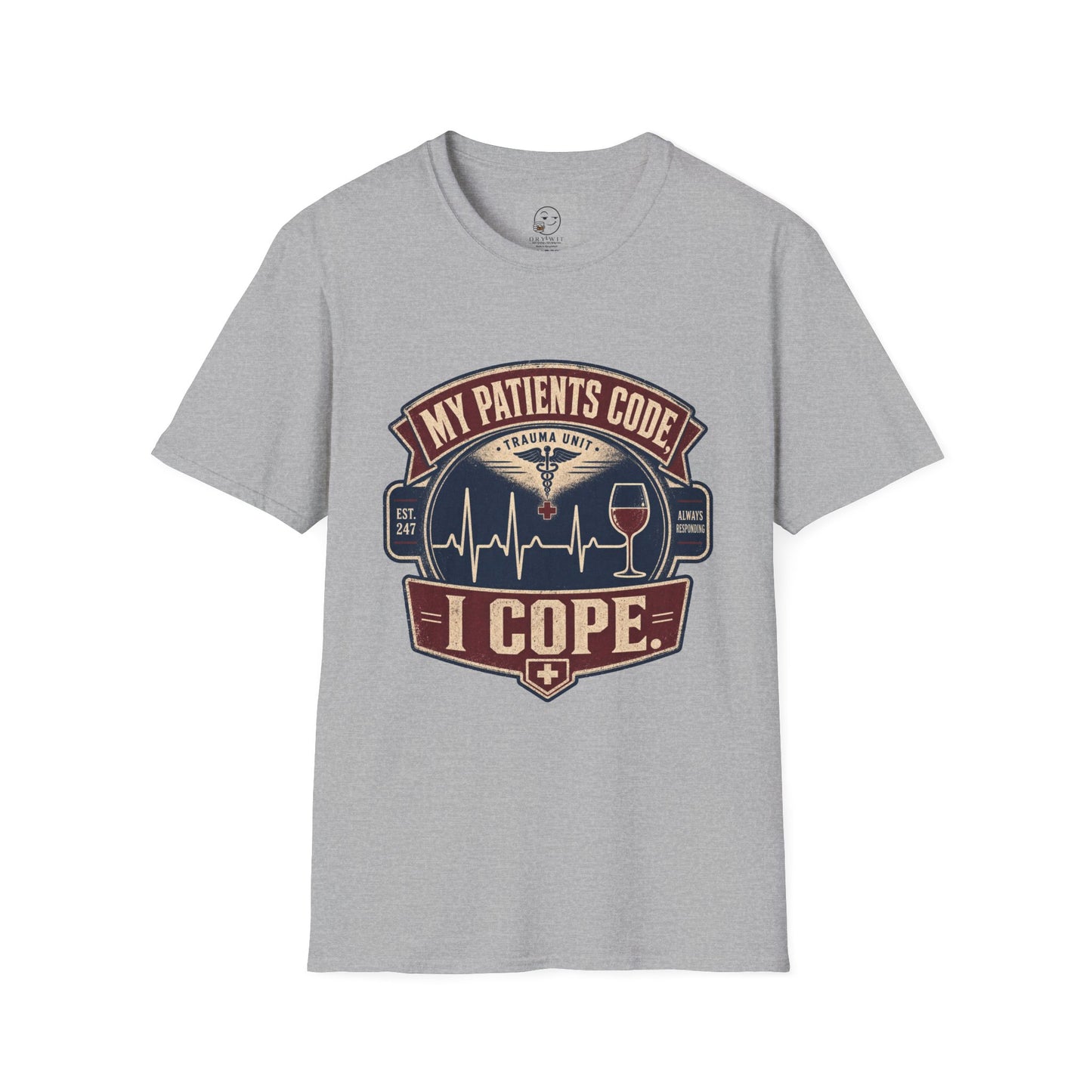 Vintage badge t-shirt graphic of an EKG heartbeat line transitioning into a wine glass shape with a small caduceus icon, text reading My Patients Code, I Cope