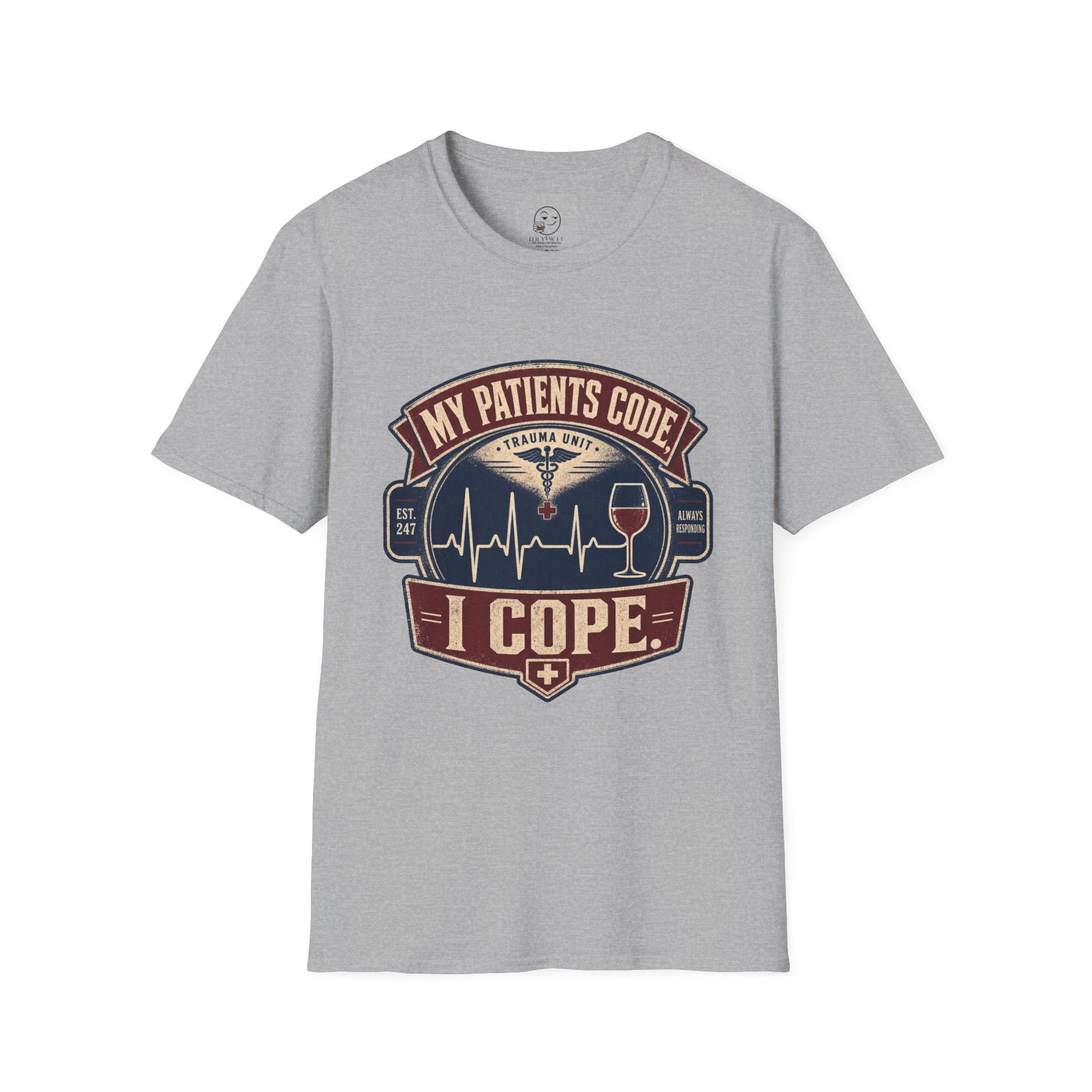Vintage badge t-shirt graphic of an EKG heartbeat line transitioning into a wine glass shape with a small caduceus icon, text reading My Patients Code, I Cope