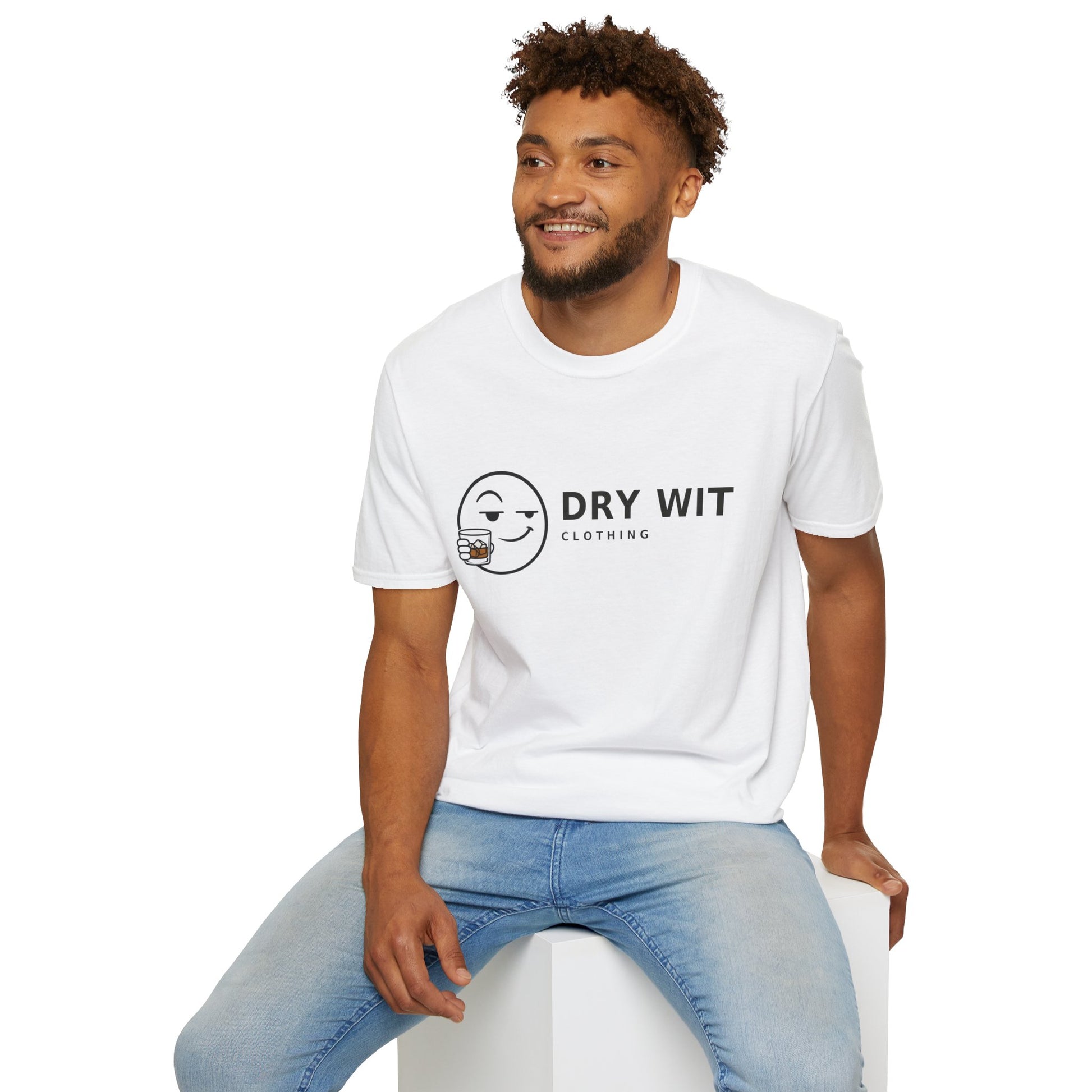 Dry Wit Logo Shirt, White, worn by a model seated on a white block