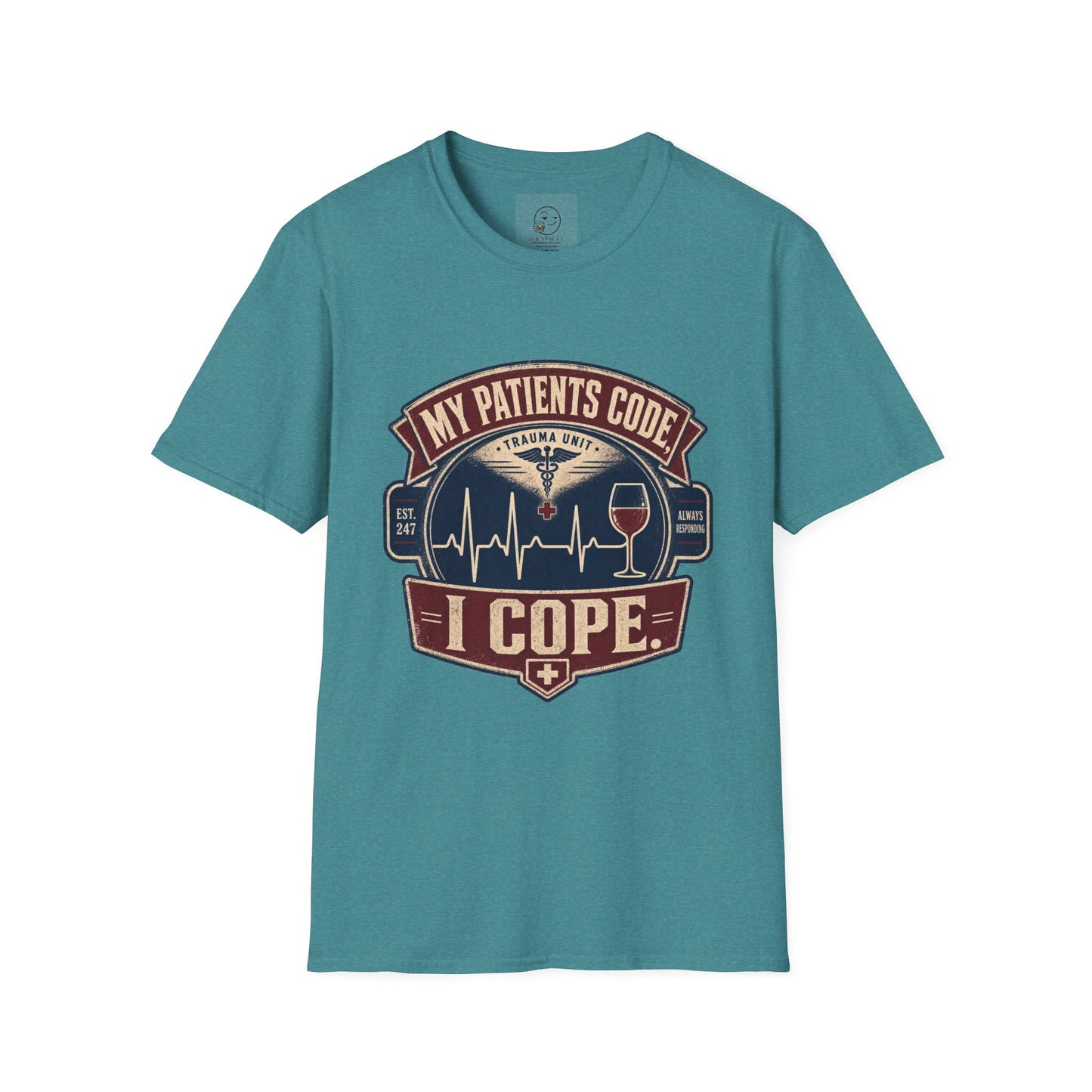 Vintage badge t-shirt graphic of an EKG heartbeat line transitioning into a wine glass shape with a small caduceus icon, text reading My Patients Code, I Cope