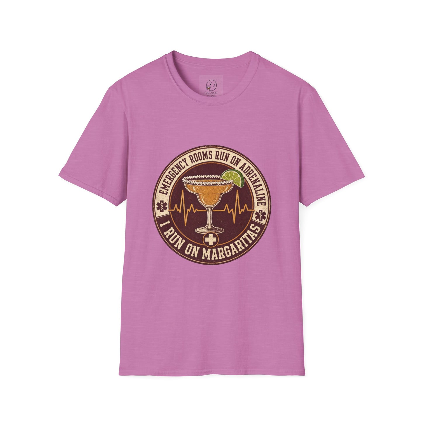 Circular vintage badge t-shirt graphic of a margarita glass with a salted rim and lime wedge beside a heartbeat line, text reading Emergency Rooms Run On Adrenaline, I Run On Margaritas
