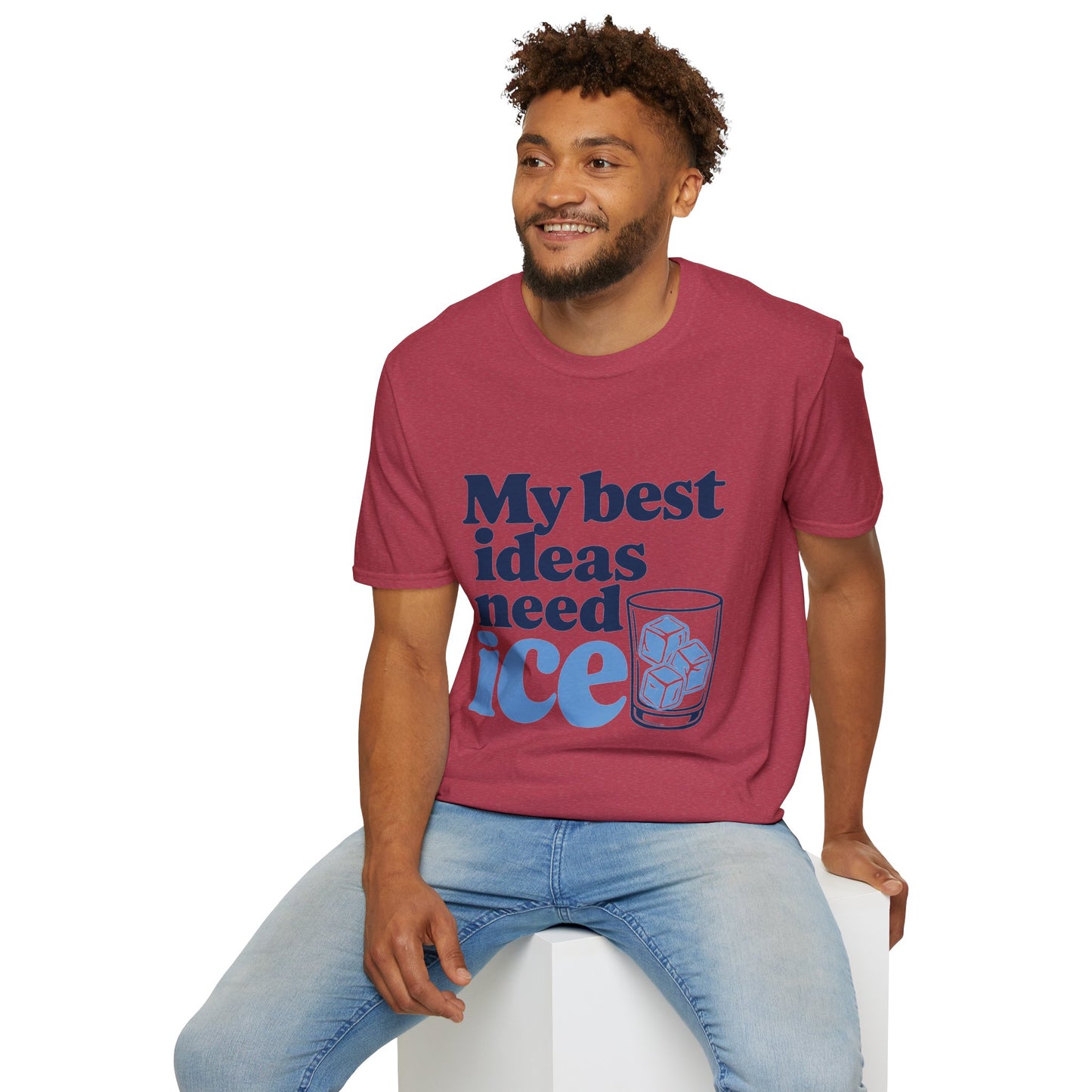 My Best Ideas Need Ice Shirt, Heather Cardinal red, worn by a model seated on a white block
