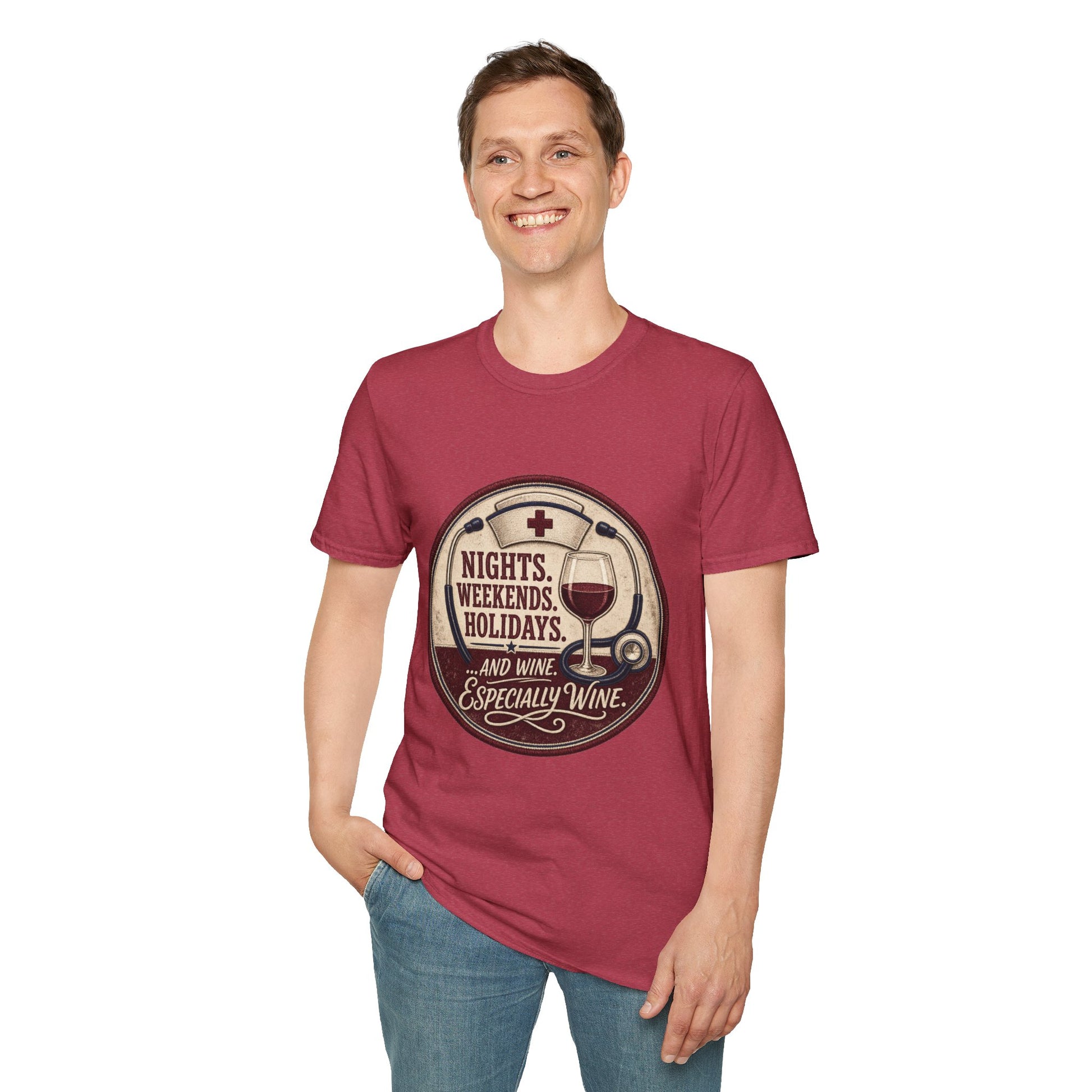 Circular vintage badge t-shirt graphic of a nurse's cap and stethoscope encircling a wine glass, text reading Nights. Weekends. Holidays. And Wine. Especially Wine.