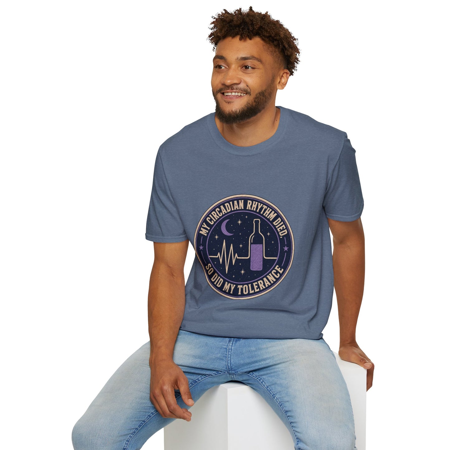 Circular vintage badge t-shirt graphic with a starry night sky background and a flatlined heartbeat line transitioning into a wine bottle silhouette, text reading My Circadian Rhythm Died, So Did My Tolerance