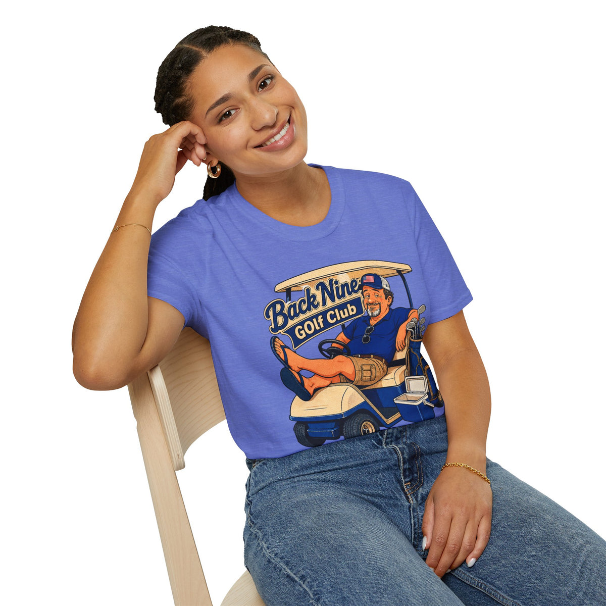 Back Nine Club Shirt, Heather Royal blue, worn by a model seated on a wooden chair