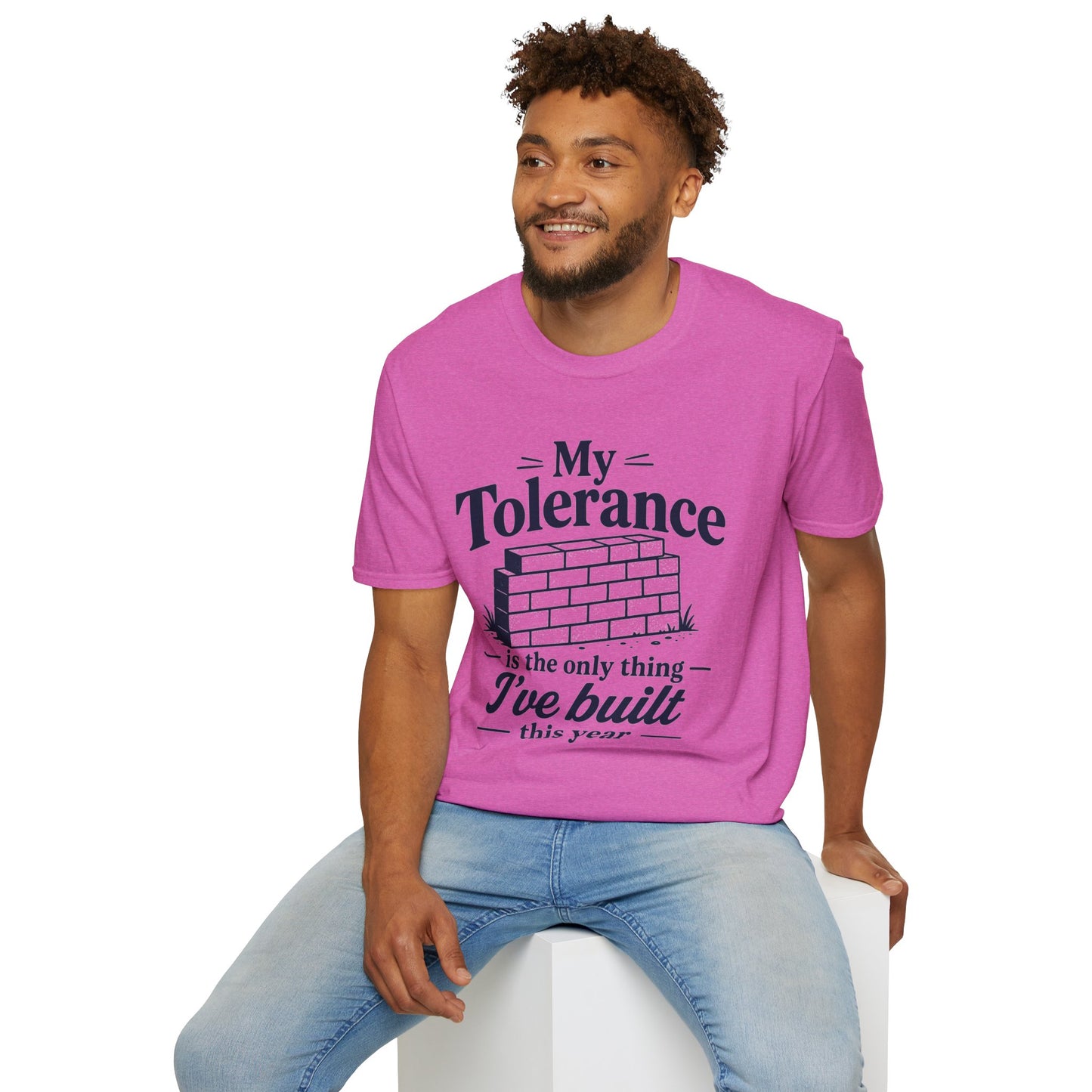 My Tolerance Is the Only Thing I've Built, Heather Berry pink, worn by a model seated on a white block