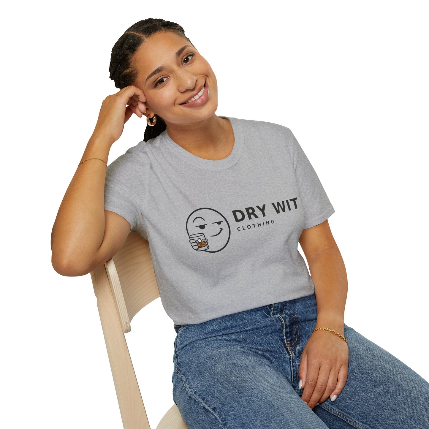 Dry Wit Logo Shirt, Sport Grey, worn by a model seated on a wooden chair