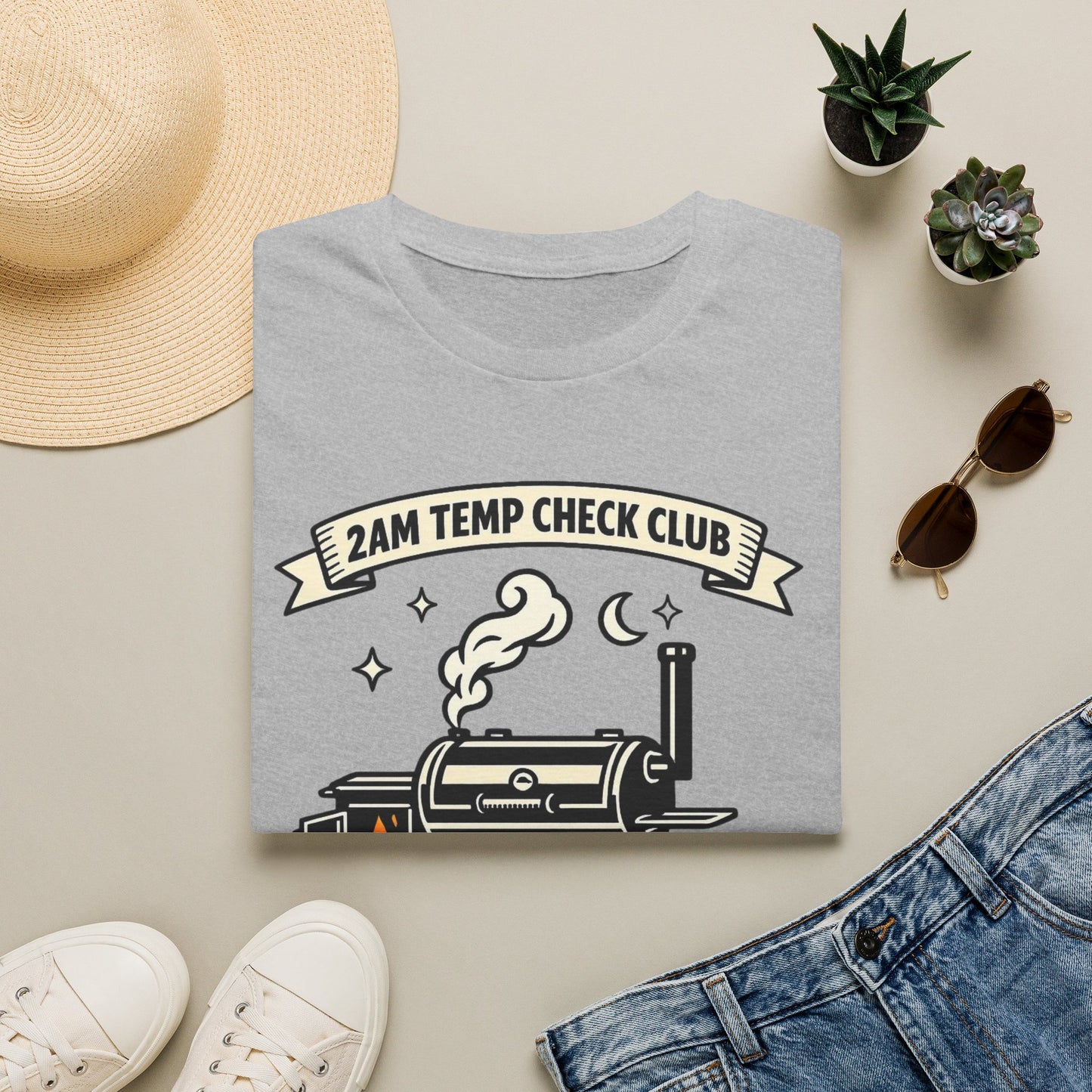 2AM Temp Check Club Shirt, Sport Grey, folded flat lay styled with a straw hat, sunglasses, sneakers and denim