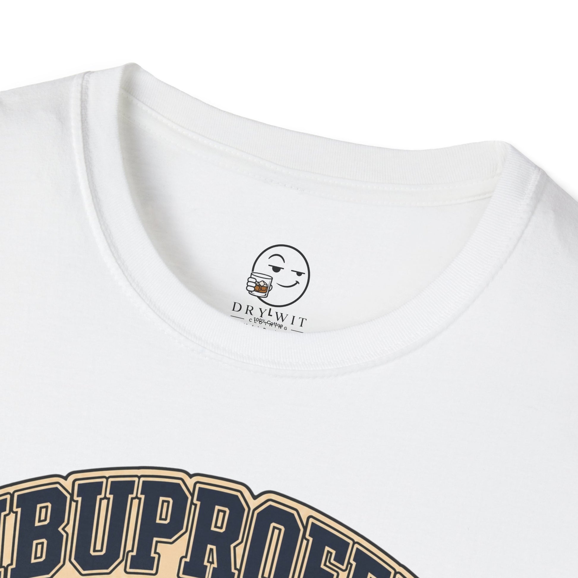 Retro collegiate-style t-shirt graphic of the Dry Wit dad mascot in workout gear, text reading Ibuprofen Athletic Club