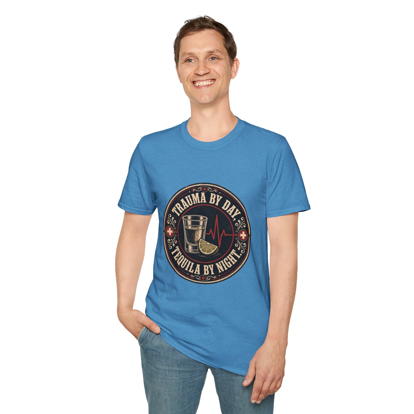 Circular vintage badge t-shirt graphic with a red cross border detail, a shot glass and lime wedge beside a heartbeat line, text reading Trauma By Day, Tequila By Night