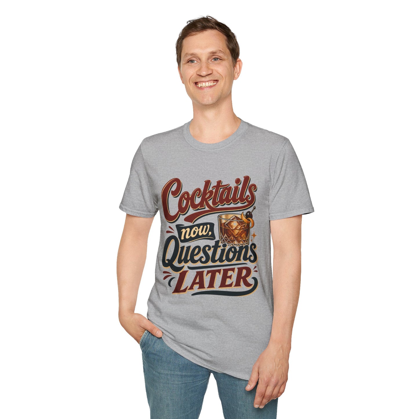 Cocktails Now, Questions Later Shirt, Sport Grey, worn by a standing model with one hand in their pocket