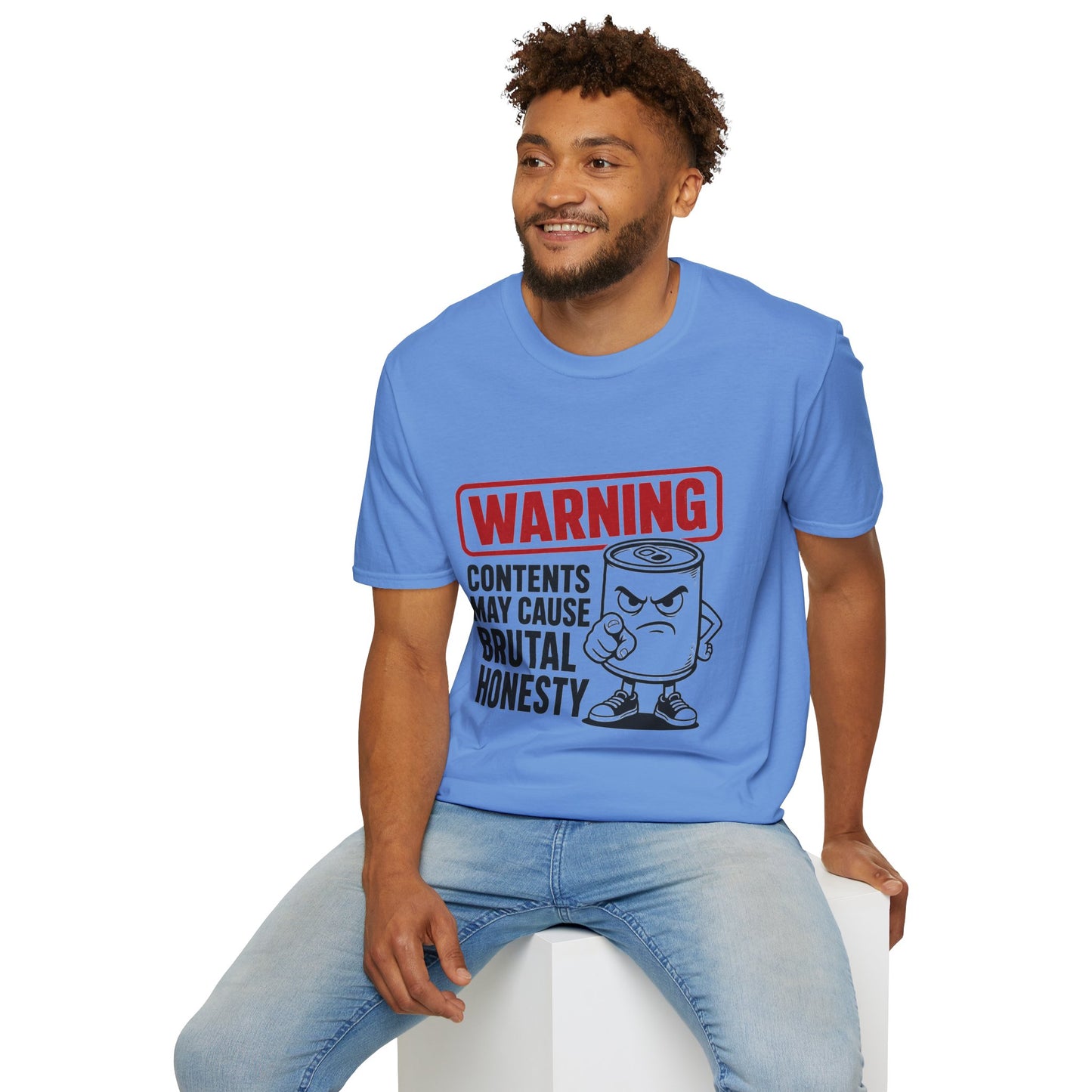 Warning: Contents May Cause Brutal Honesty Shirt, Carolina Blue, worn by a model seated on a white block