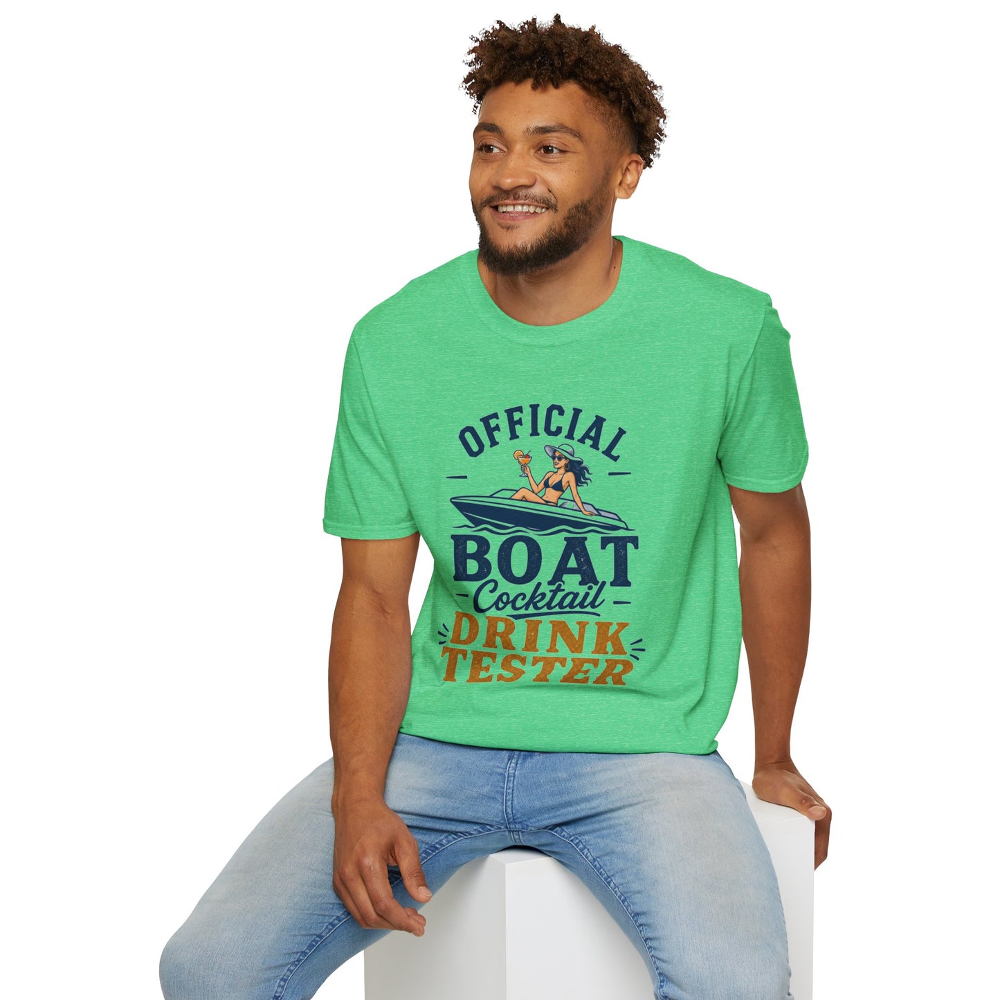 Official Boat Cocktail Drink Tester Shirt, Heather Irish Green mint, worn by a model seated on a white block