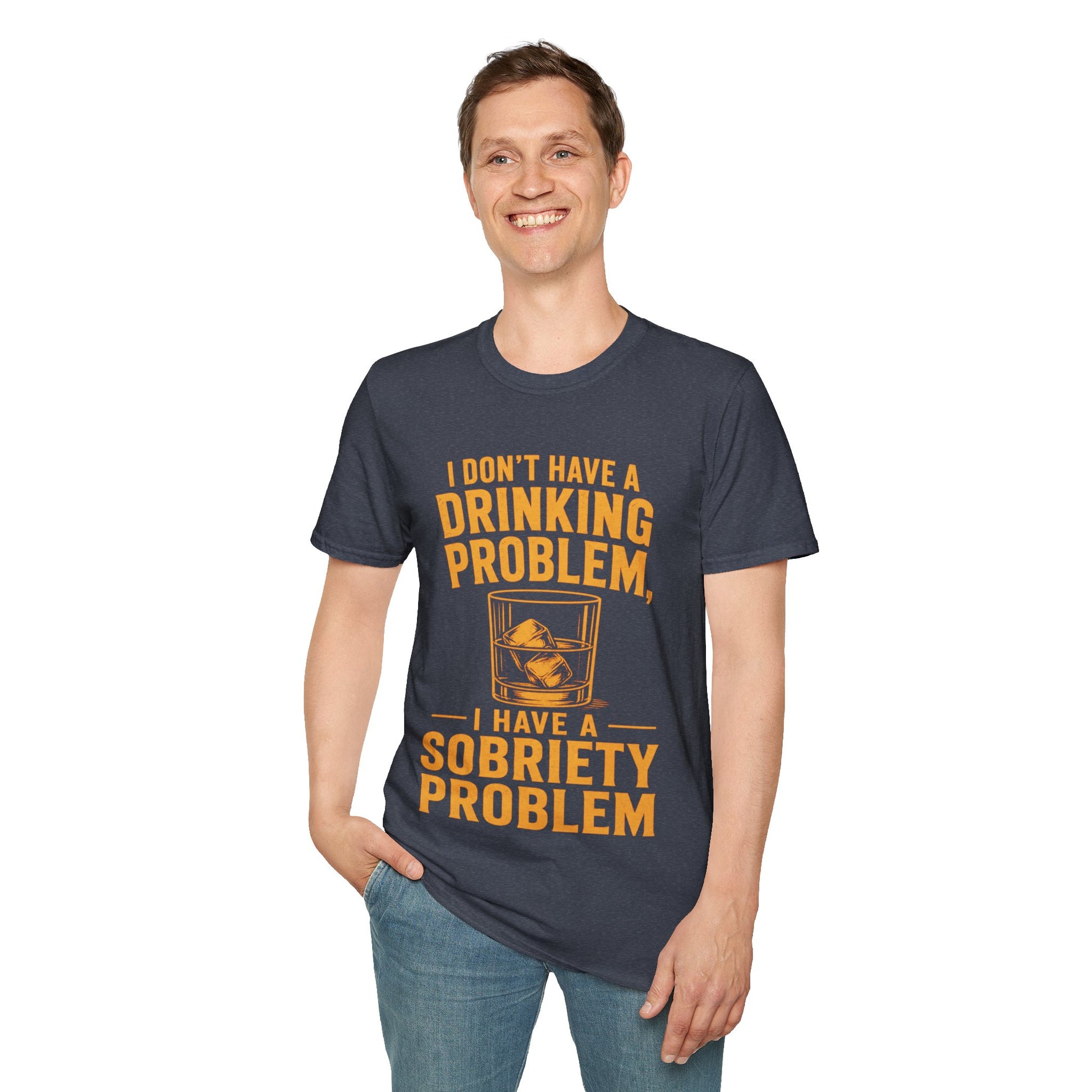 I Don't Have a Drinking Problem Shirt, Heather Navy, worn by a standing model with one hand in their pocket