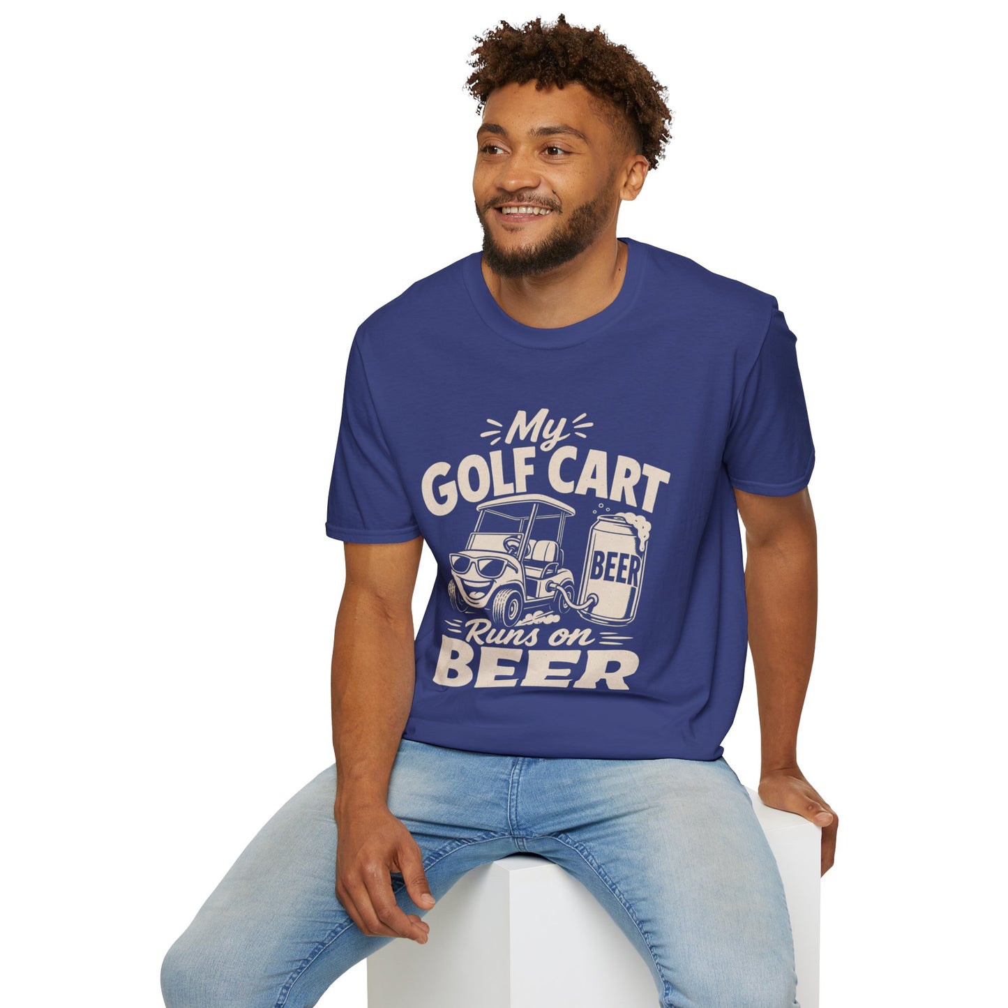 My Golf Cart Runs on Beer Shirt, Metro Blue, worn by a model seated on a white block