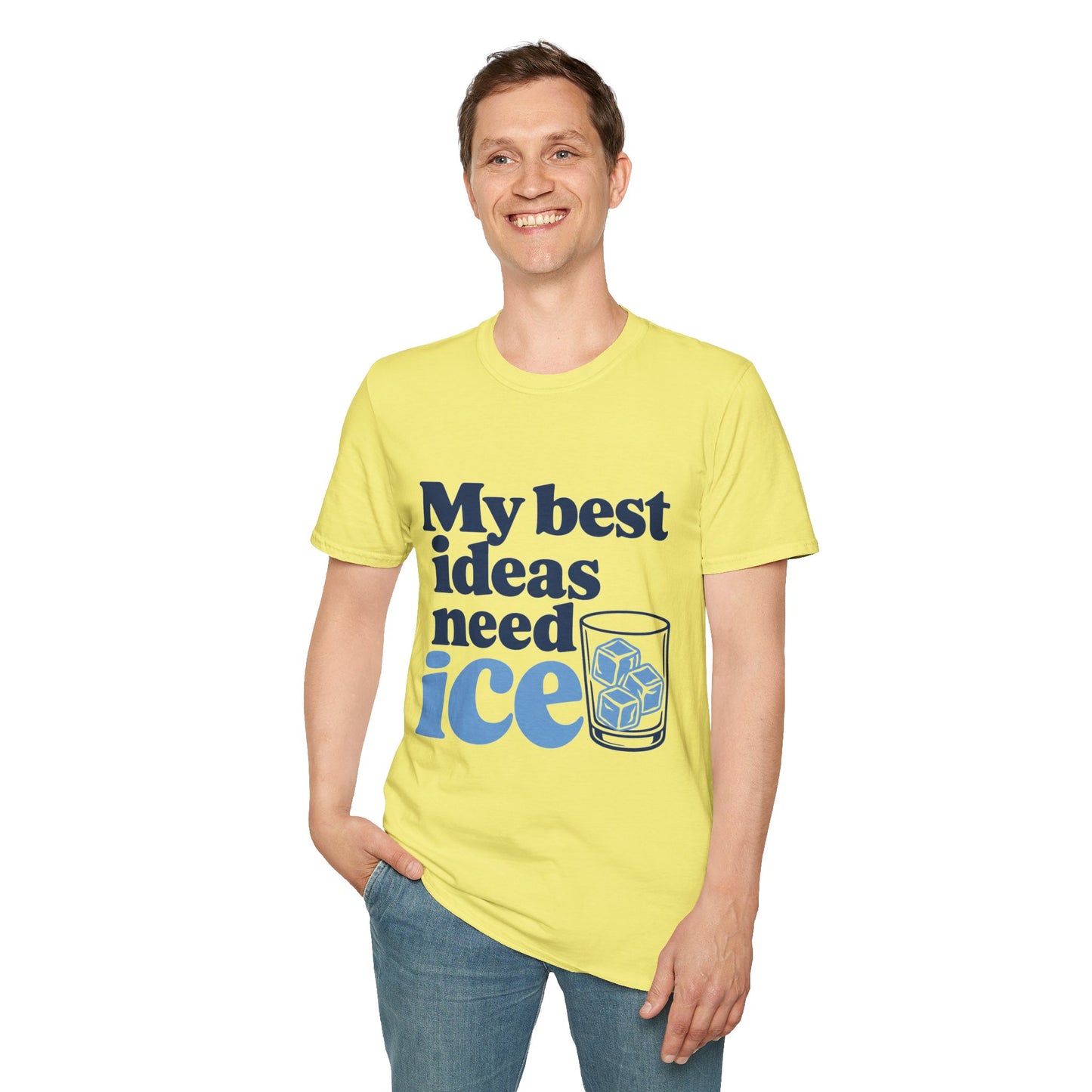 My Best Ideas Need Ice Shirt, Cornsilk pale yellow, worn by a standing model with one hand in their pocket