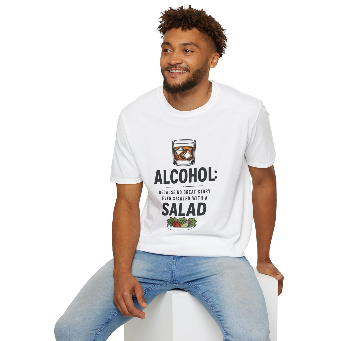 No Great Story Started With a Salad Shirt, White, worn by a model seated on a white block