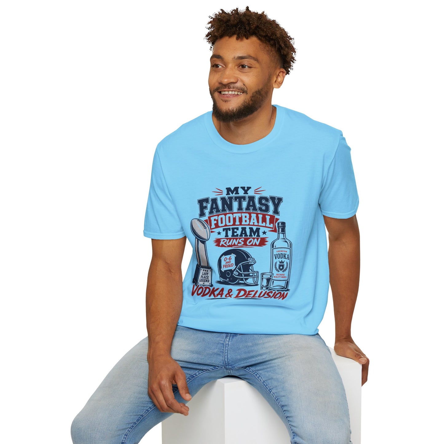 T-shirt design with navy and maroon text reading My Fantasy Football Team Runs On Vodka And Delusion, last place trophy, football helmet, and vodka bottle graphics