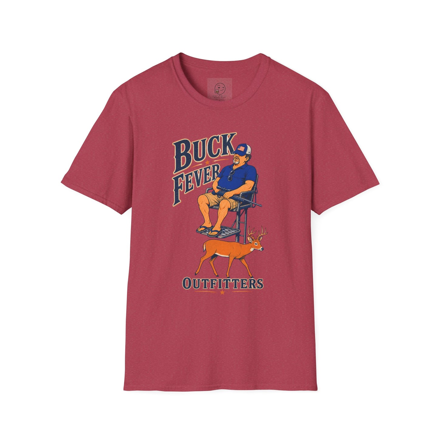 Retro cartoon t-shirt graphic of the Dry Wit dad mascot in hunting gear with a rifle, text reading Buck Fever Outfitters