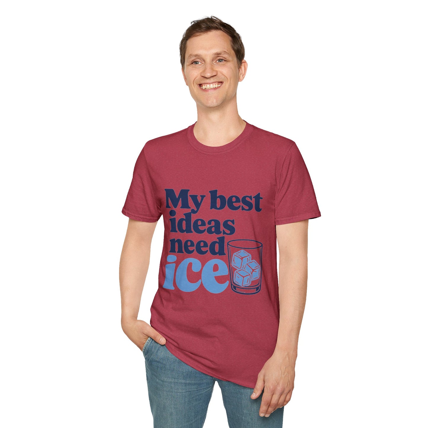 My Best Ideas Need Ice Shirt, Heather Cardinal red, worn by a standing model with one hand in their pocket