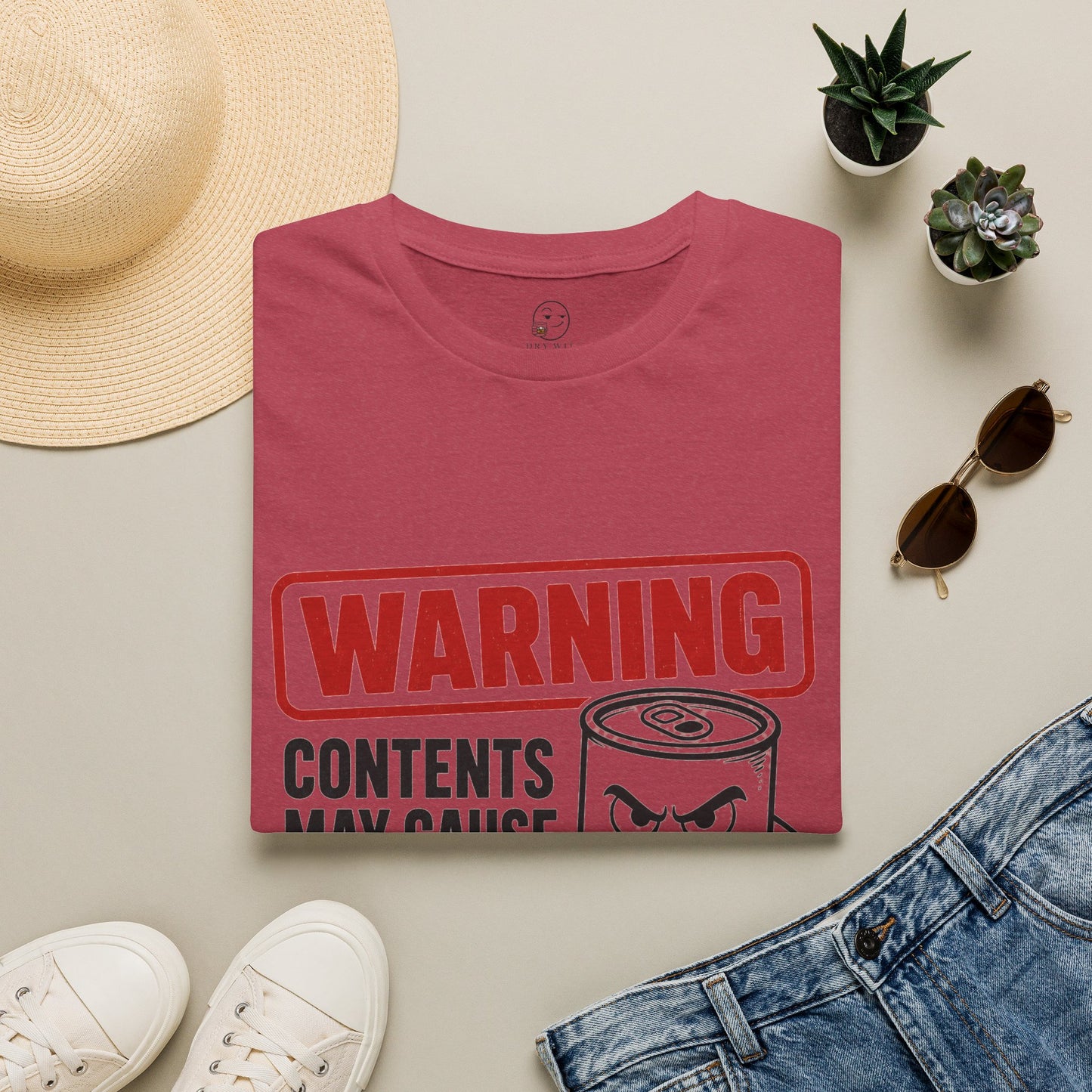 Warning: Contents May Cause Brutal Honesty Shirt, Heather Cardinal red, folded flat lay styled with a straw hat, sunglasses, sneakers and denim
