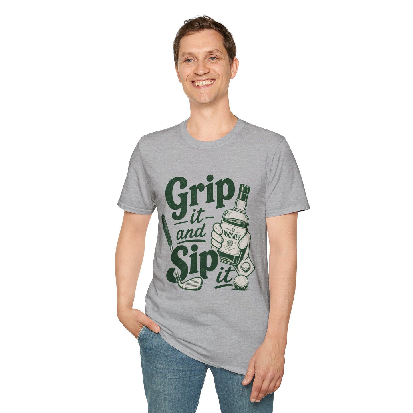 Grip It and Sip It funny golf whiskey shirt, Sport Grey, worn by a standing model