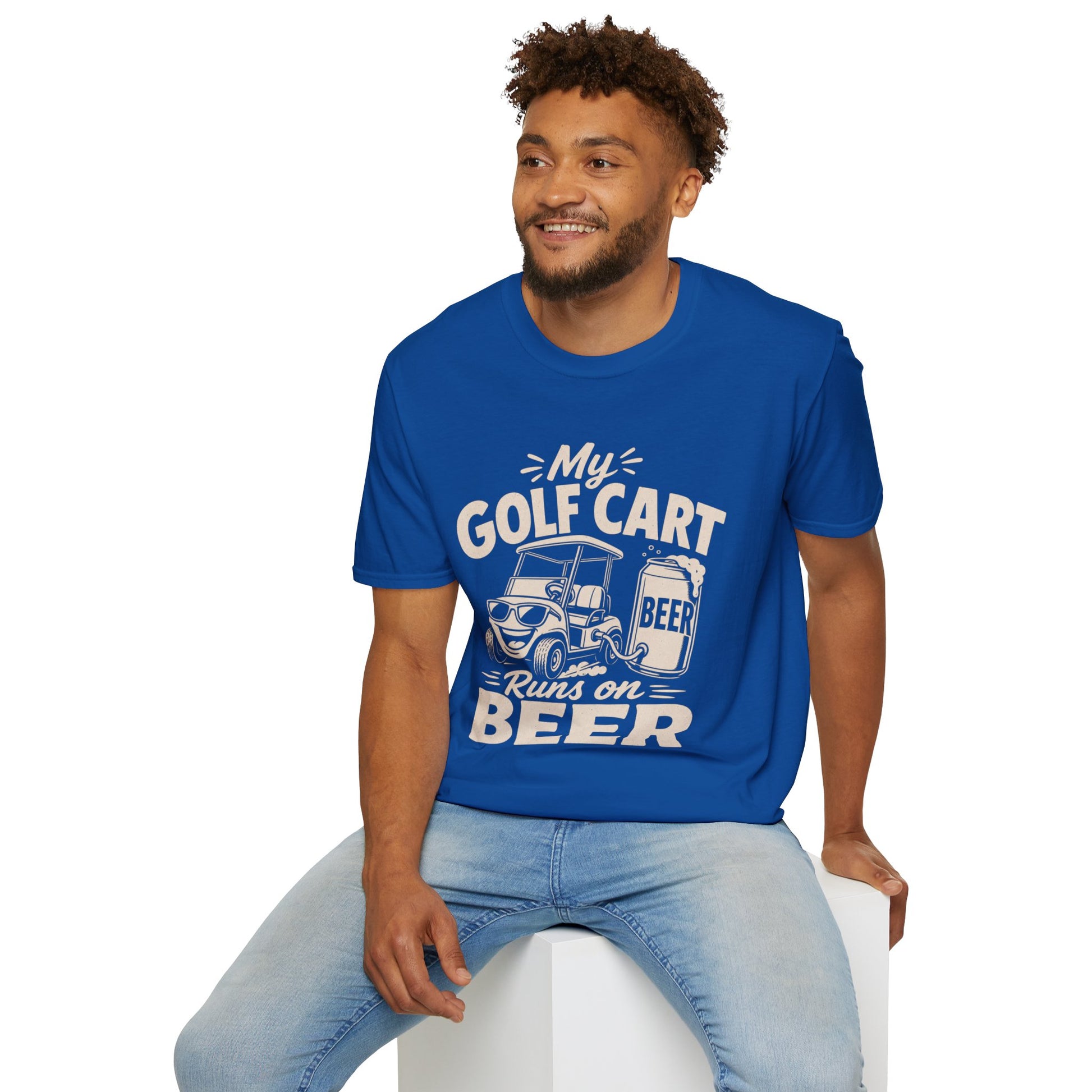 My Golf Cart Runs on Beer Shirt, Royal, worn by a model seated on a white block