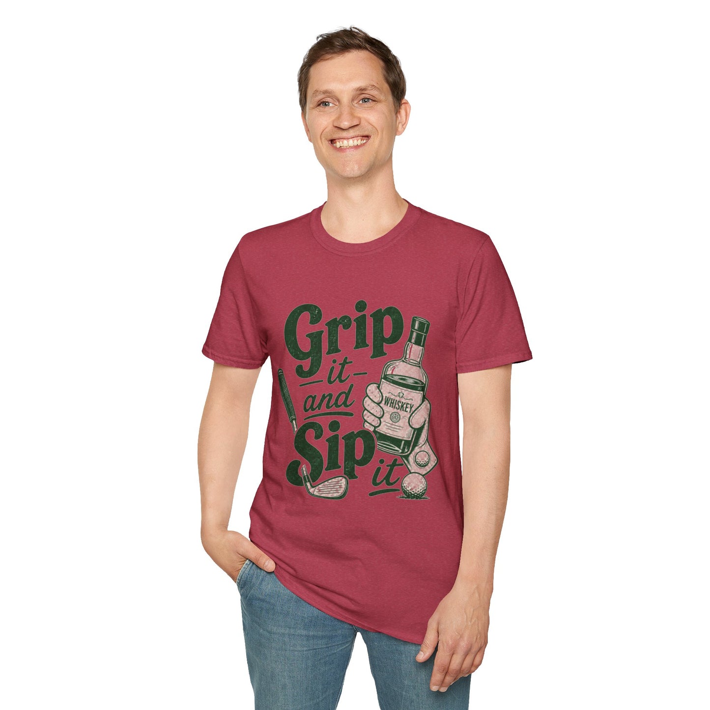 Grip It and Sip It funny golf whiskey shirt, Heather Cardinal red, worn by a standing model