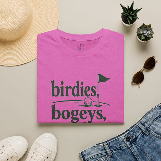 Birdies, Bogeys, and Bourbon Shirt, Heather Berry pink, folded flat lay styled with a straw hat, sunglasses, sneakers and denim