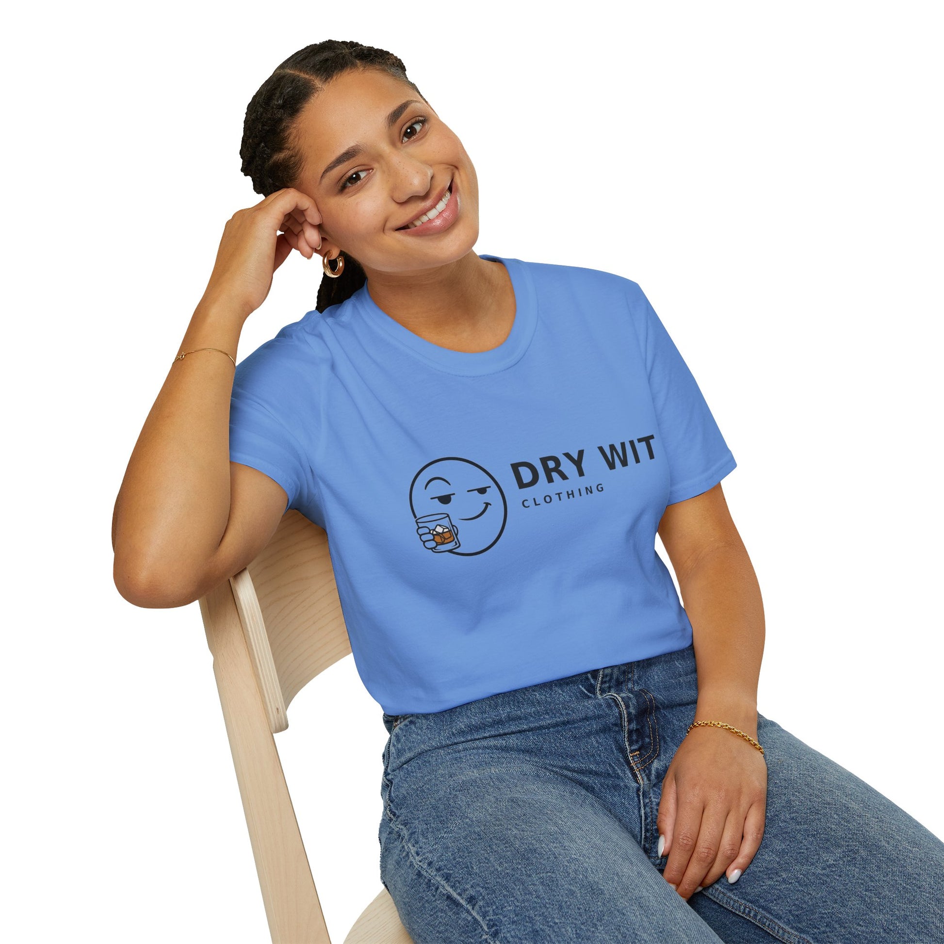 Dry Wit Logo Shirt, Carolina Blue, worn by a model seated on a wooden chair