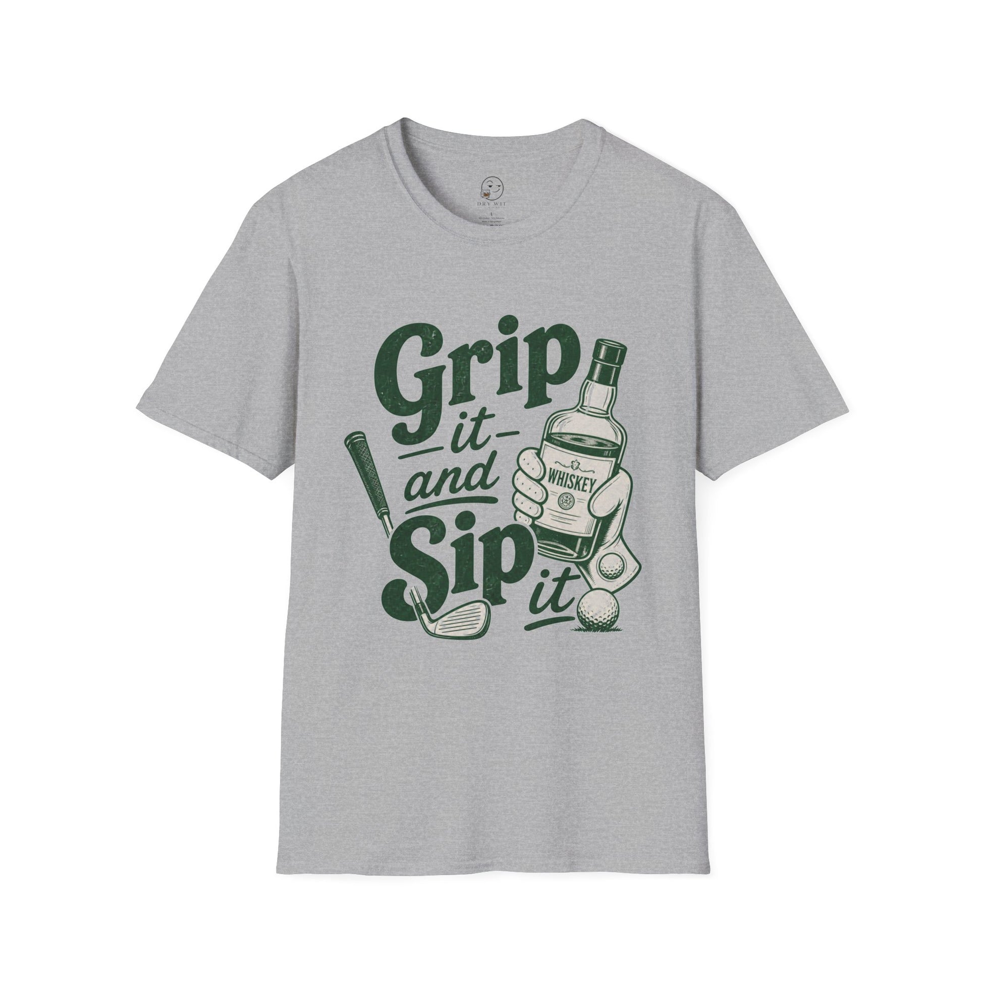 Grip It and Sip It funny golf whiskey shirt, Sport Grey, front flat lay