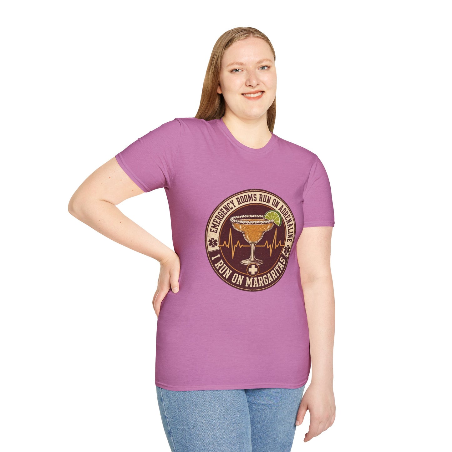 Circular vintage badge t-shirt graphic of a margarita glass with a salted rim and lime wedge beside a heartbeat line, text reading Emergency Rooms Run On Adrenaline, I Run On Margaritas