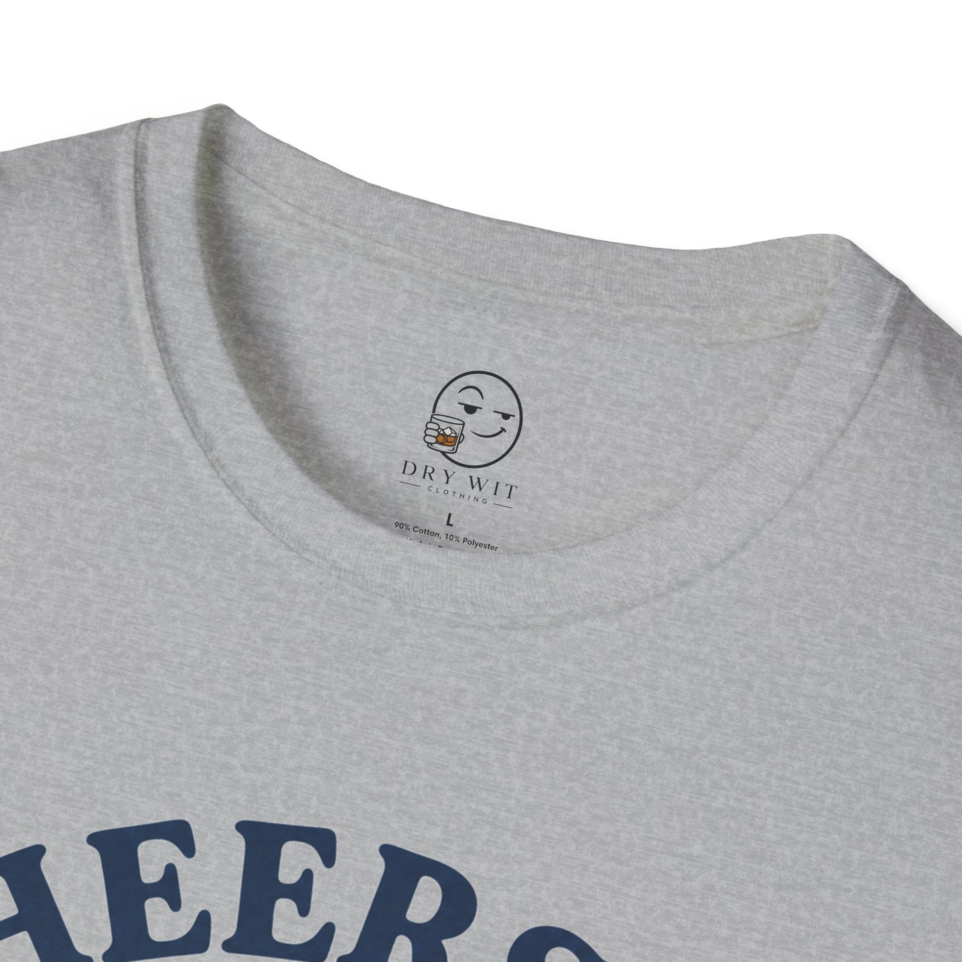 Cheers to Lowering Expectations Shirt, Sport Grey, close-up of the neck label showing the Dry Wit Clothing brand tag and size