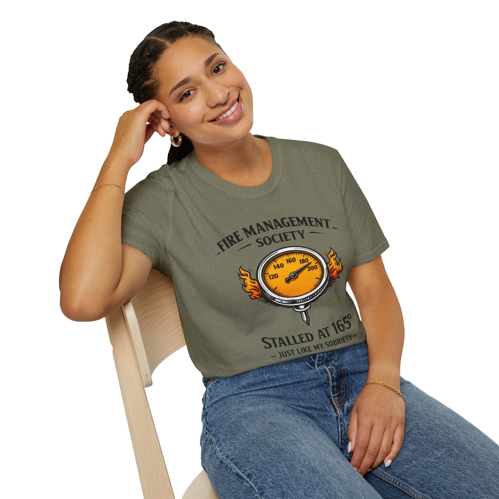 Fire Management Society Shirt, Heather Military Green olive, worn by a model seated on a wooden chair